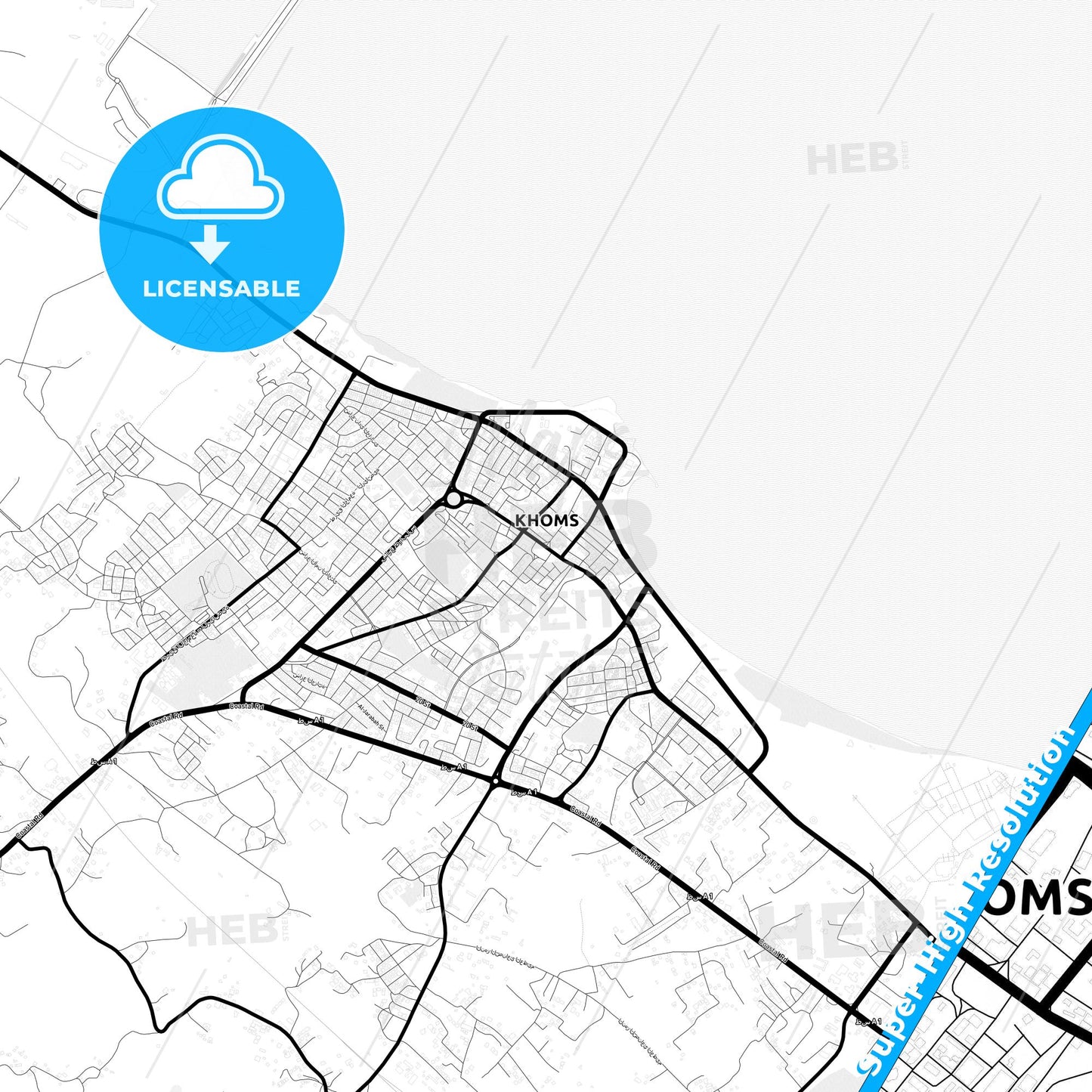 Al Khums, Libya Light Map with Street Names, City Names, and Districts