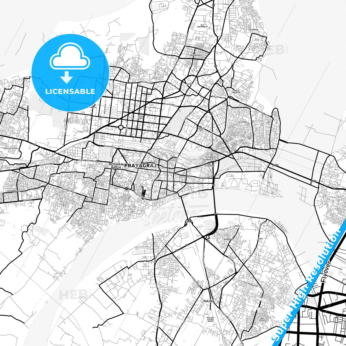 Allahabad, India Light Map with Street Names, City Names, and Districts
