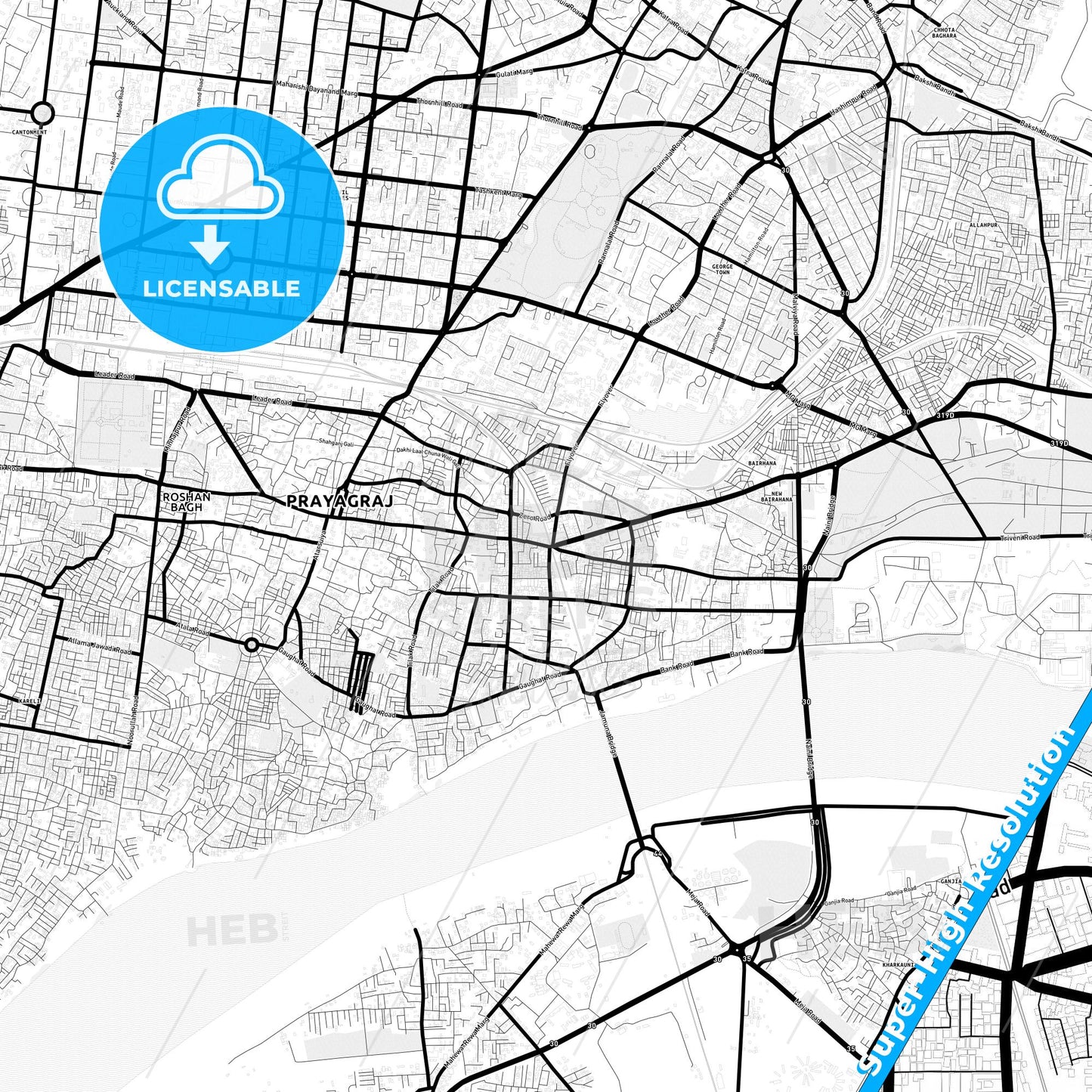 Allahabad, India Light Map with Street Names, City Names, and Districts