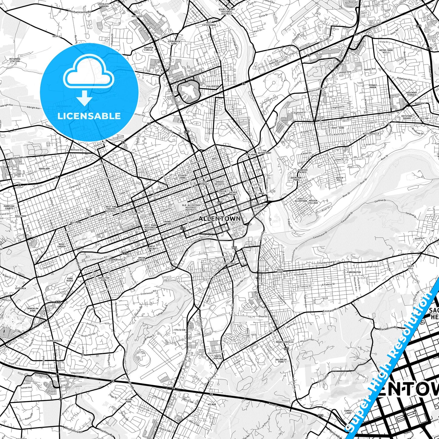 Allentown, Pennsylvania Light Map with Street Names, City Names, and Districts