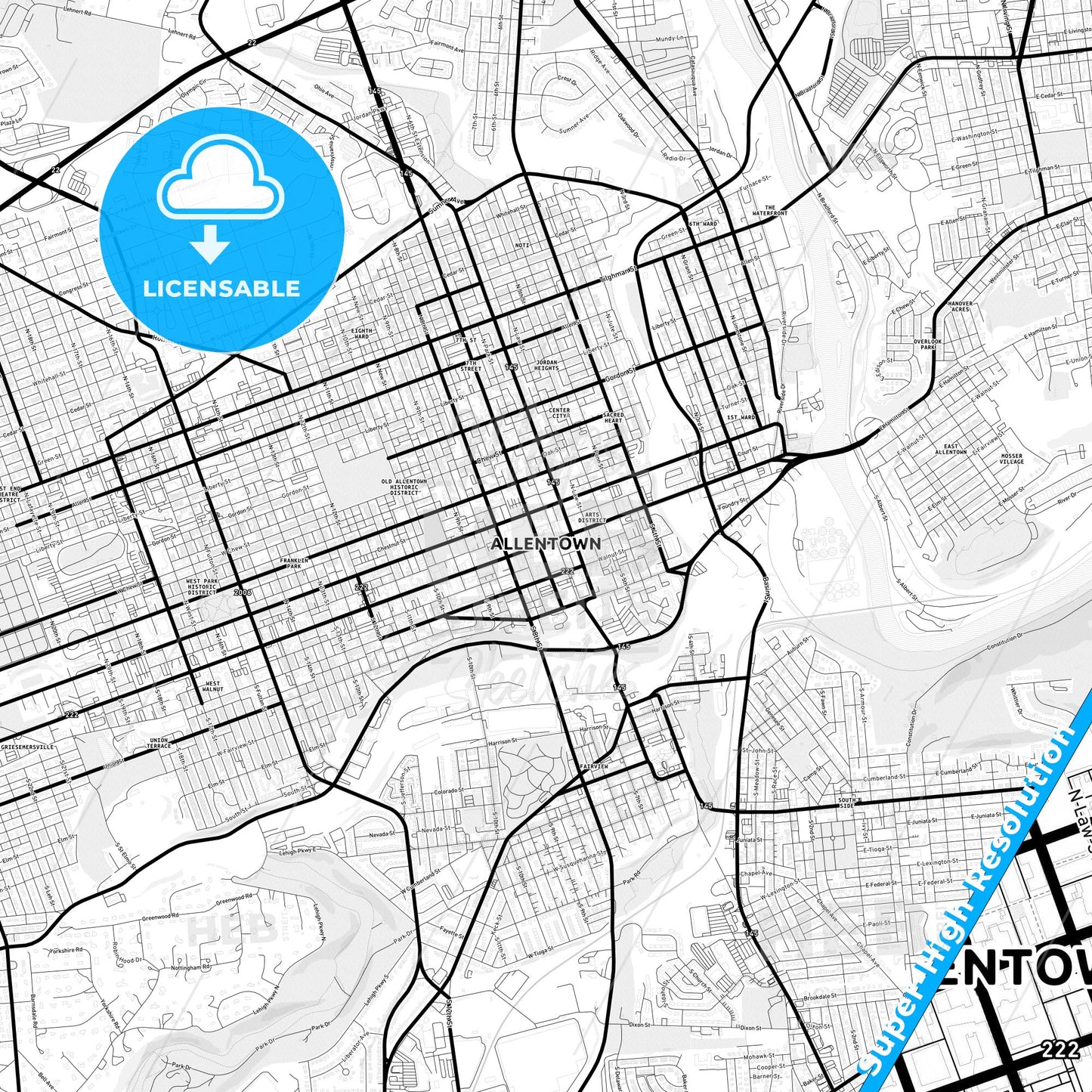 Allentown, Pennsylvania Light Map with Street Names, City Names, and Districts