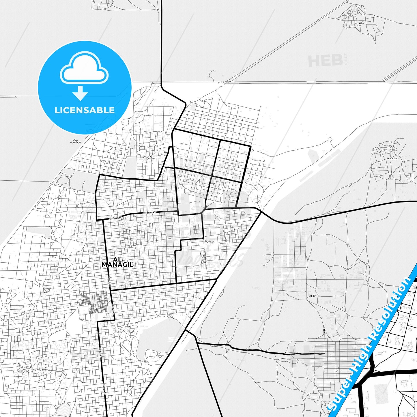 Al Manaqil, Sudan Light Map with Street Names, City Names, and Districts
