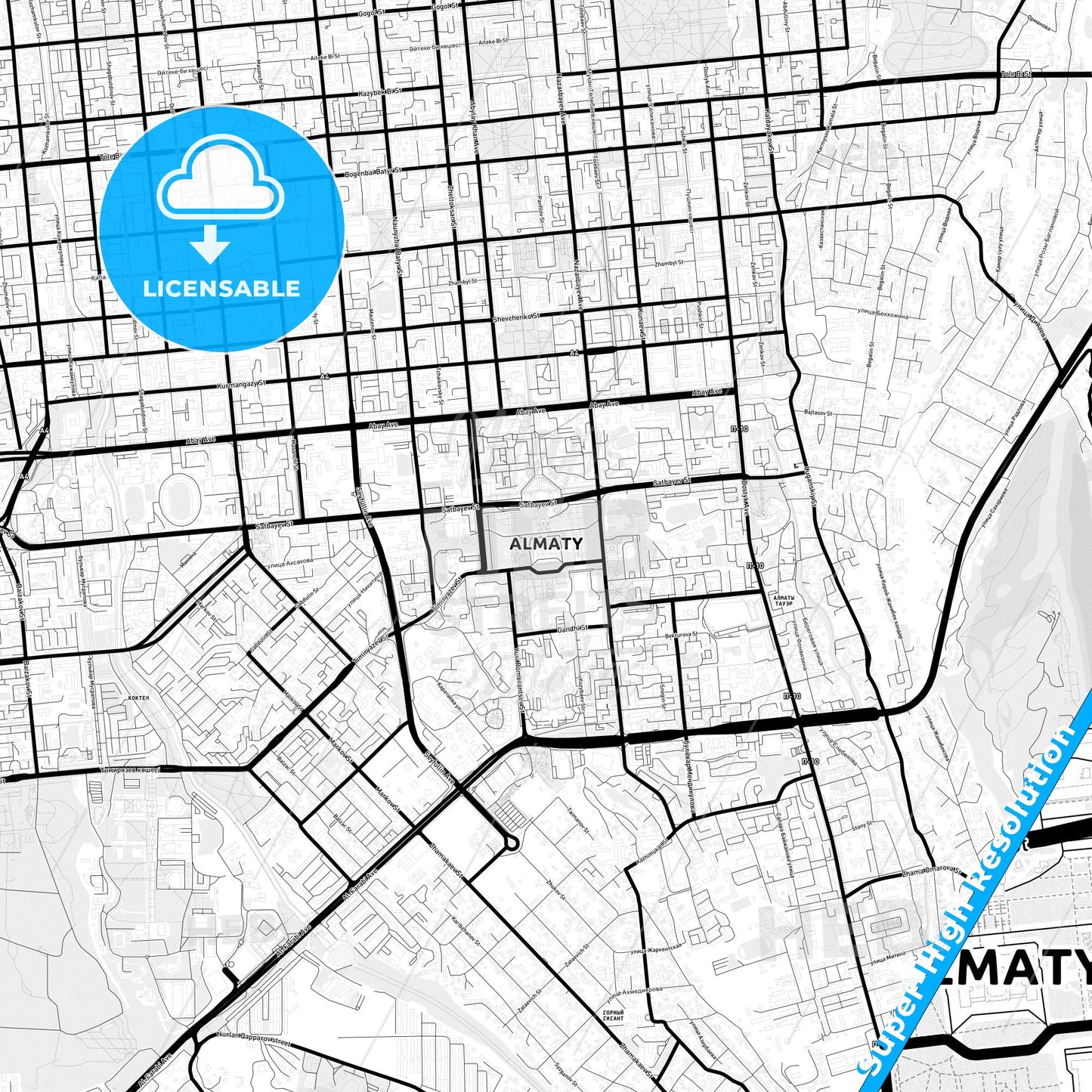 Almaty, Kazakhstan Light Map with Street Names, City Names, and Districts