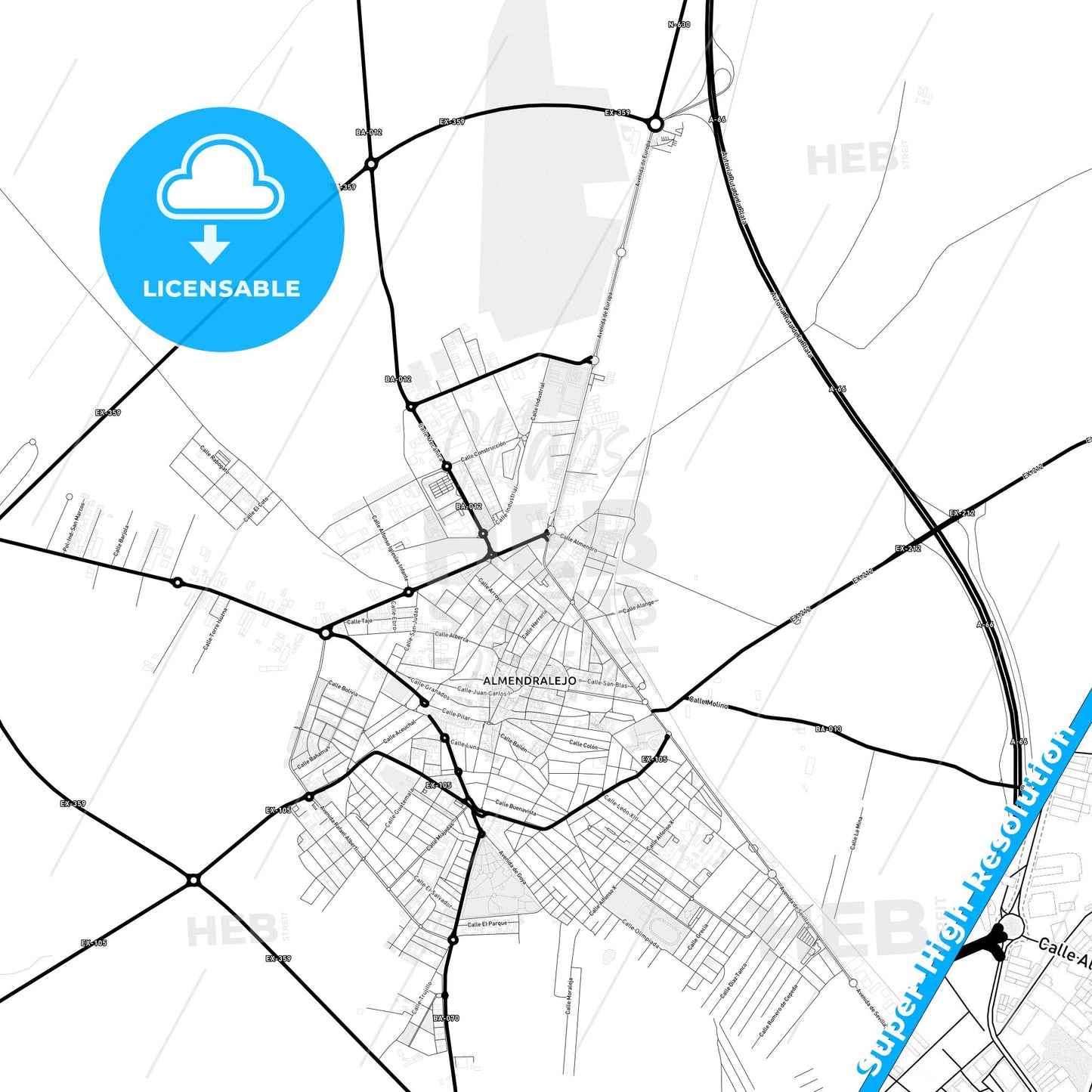 Almendralejo, Spain Light Map with Street Names, City Names, and Districts