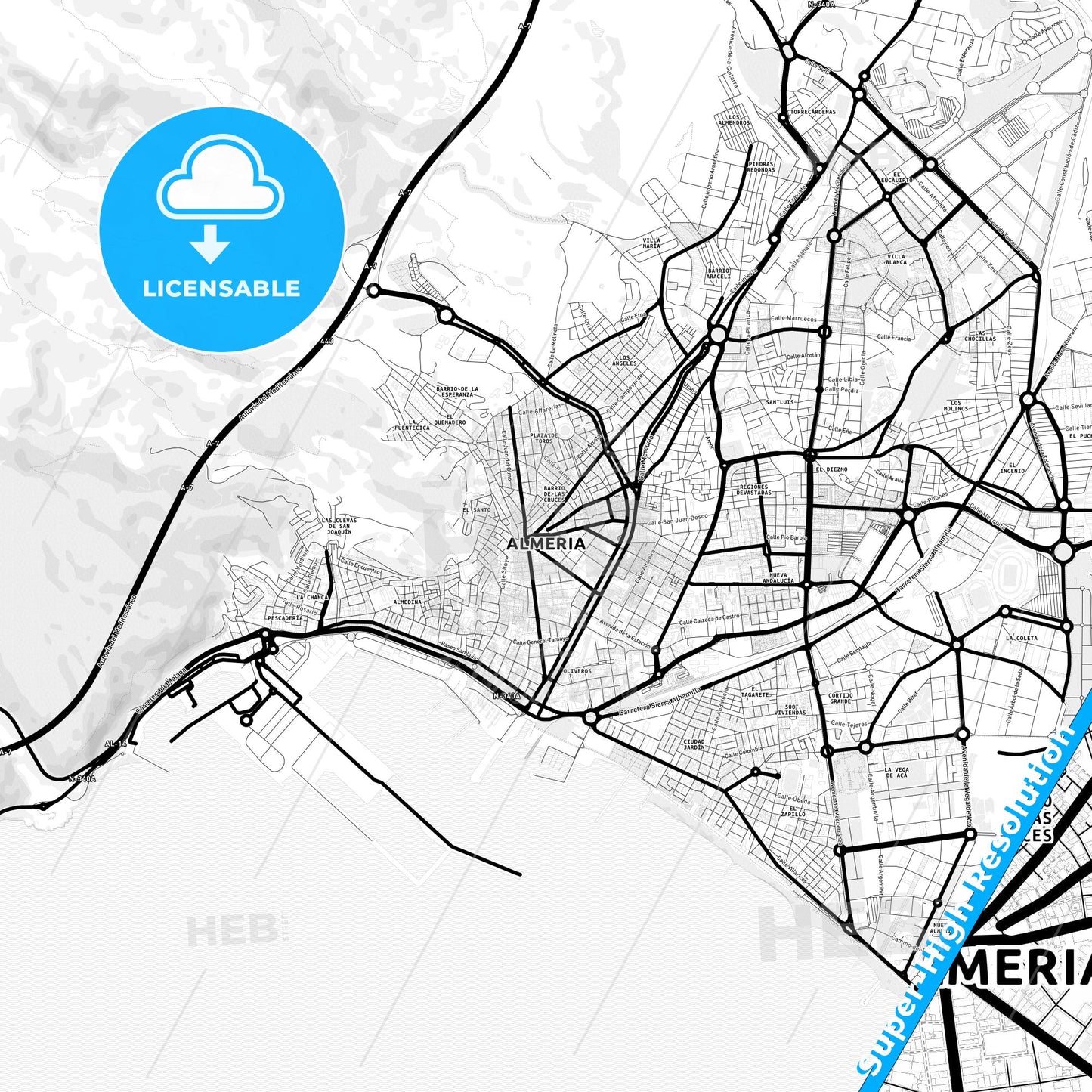 Almería, Spain Light Map with Street Names, City Names, and Districts