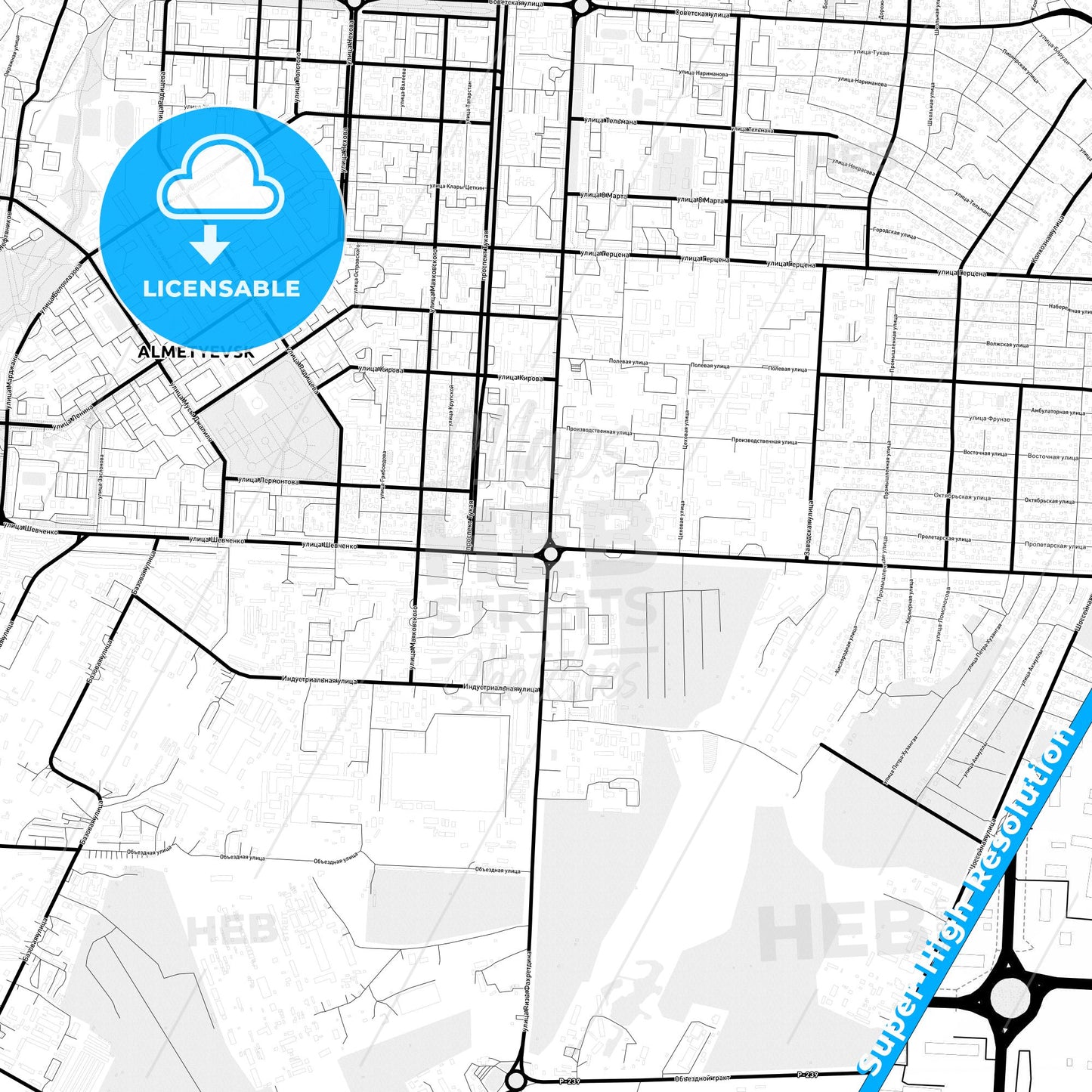 Almetyevsk, Russia Light Map with Street Names, City Names, and Districts