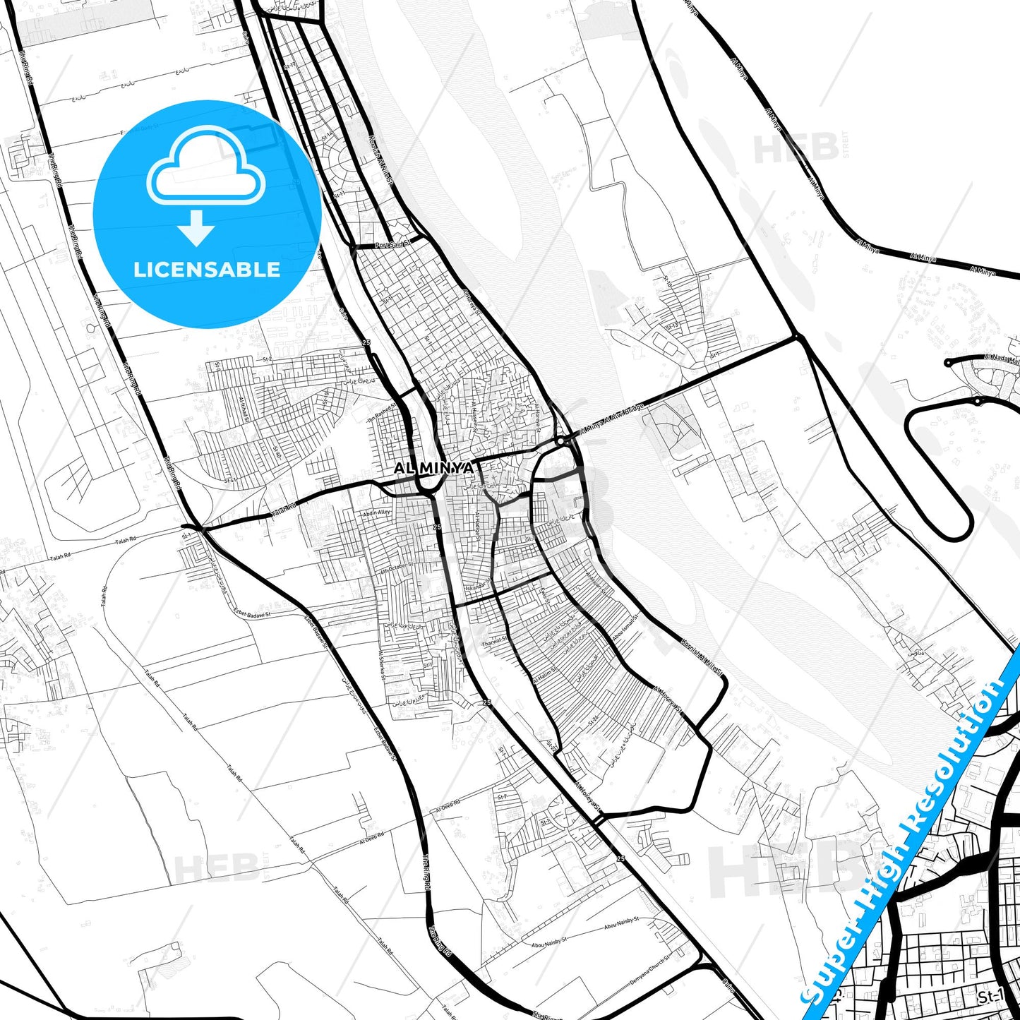 Al Minya, Egypt Light Map with Street Names, City Names, and Districts