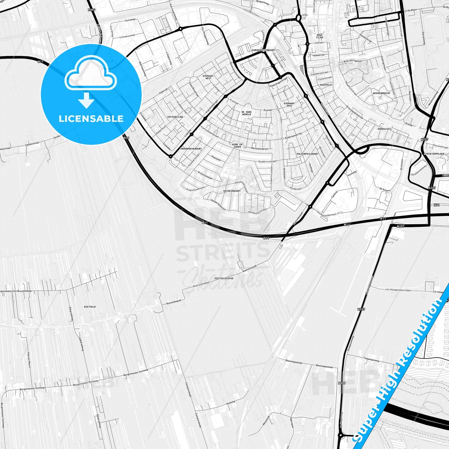Alphen aan den Rijn, Netherlands Light Map with Street Names, City Names, and Districts