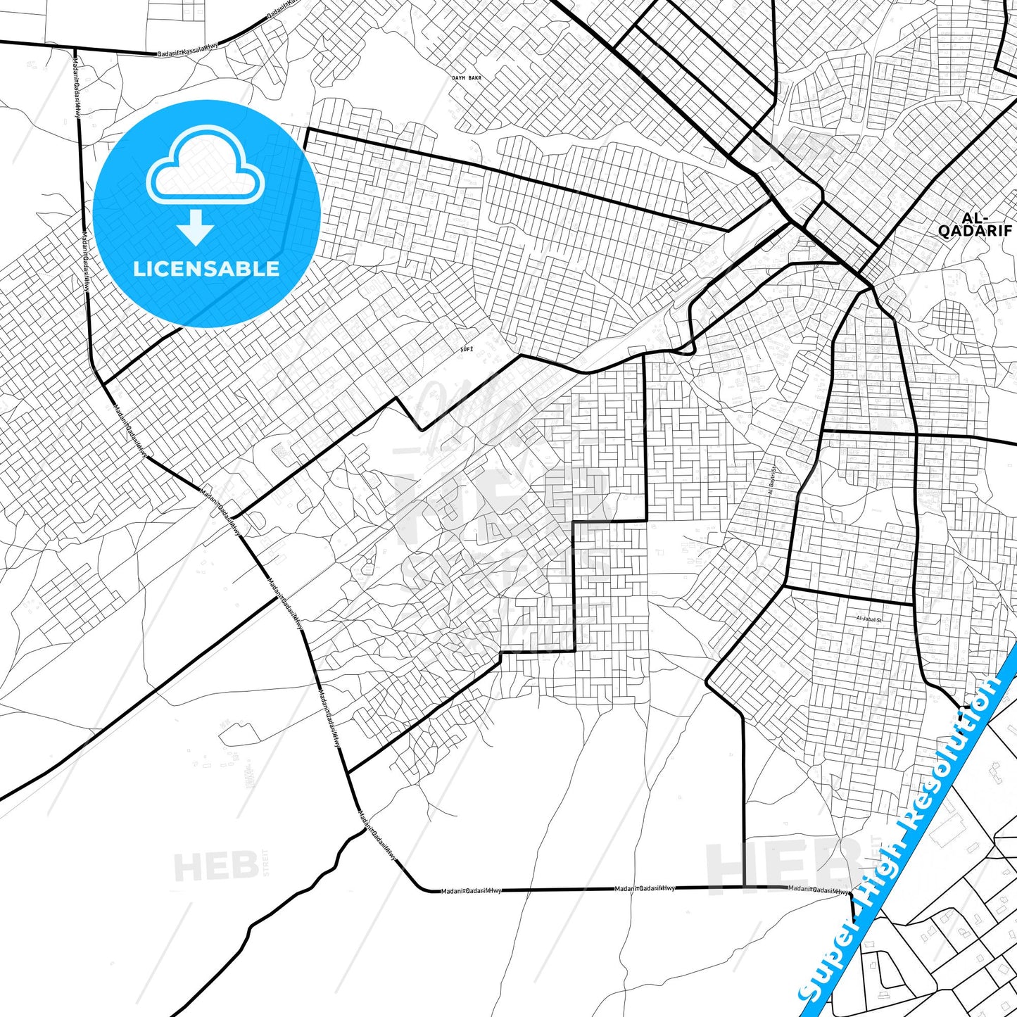 Al Qadarif, Sudan Light Map with Street Names, City Names, and Districts