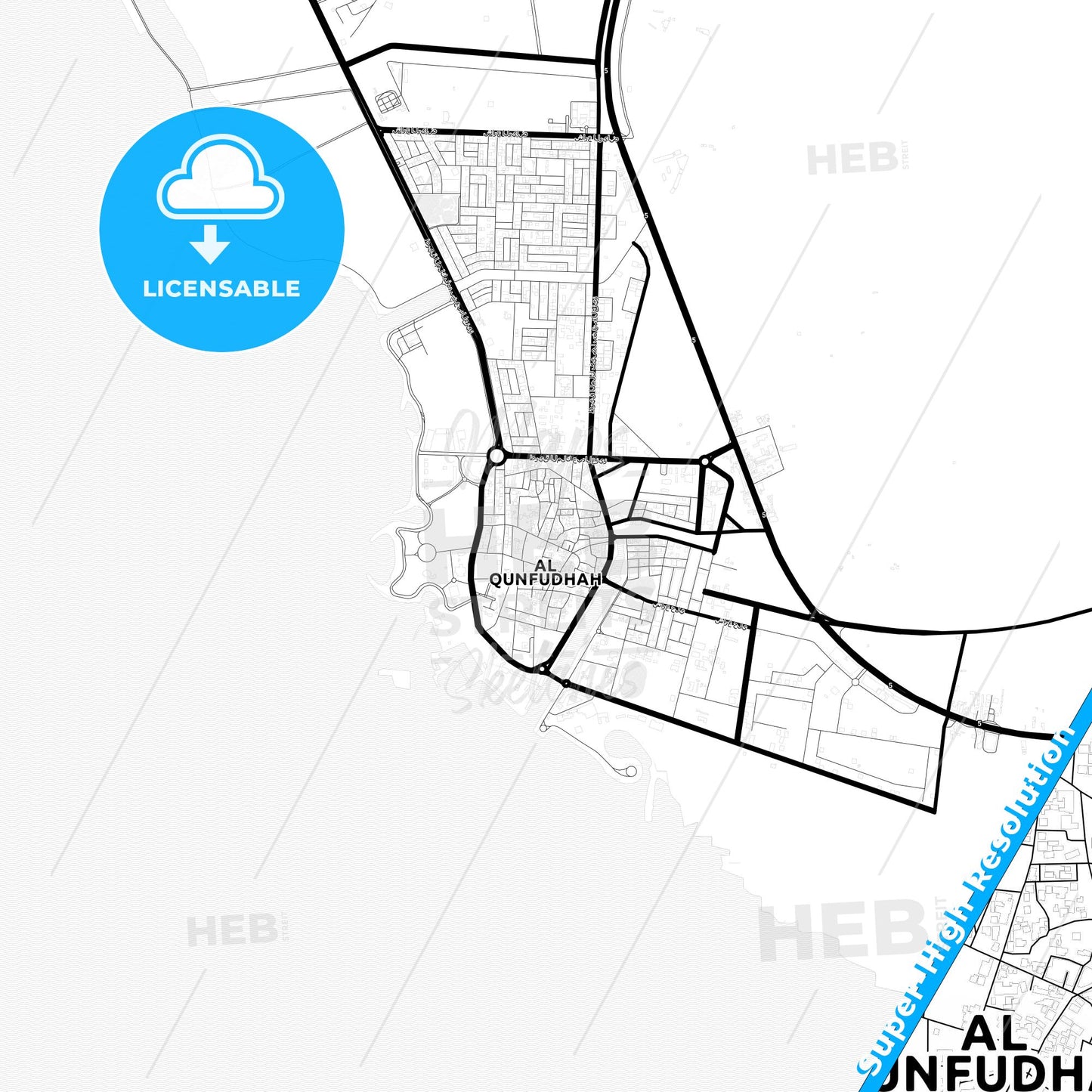 Al Qunfudhah, Saudi Arabia Light Map with Street Names, City Names, and Districts