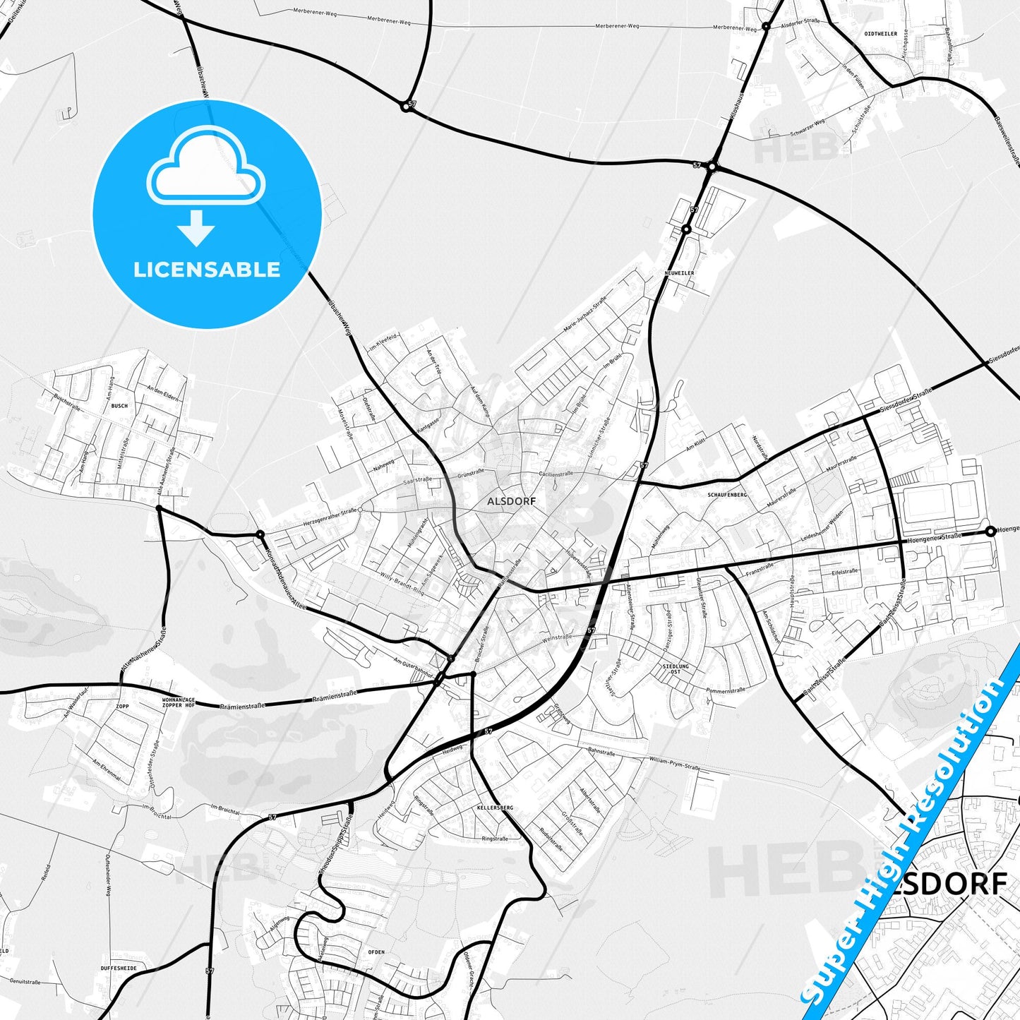 Alsdorf, Germany Light Map with Street Names, City Names, and Districts