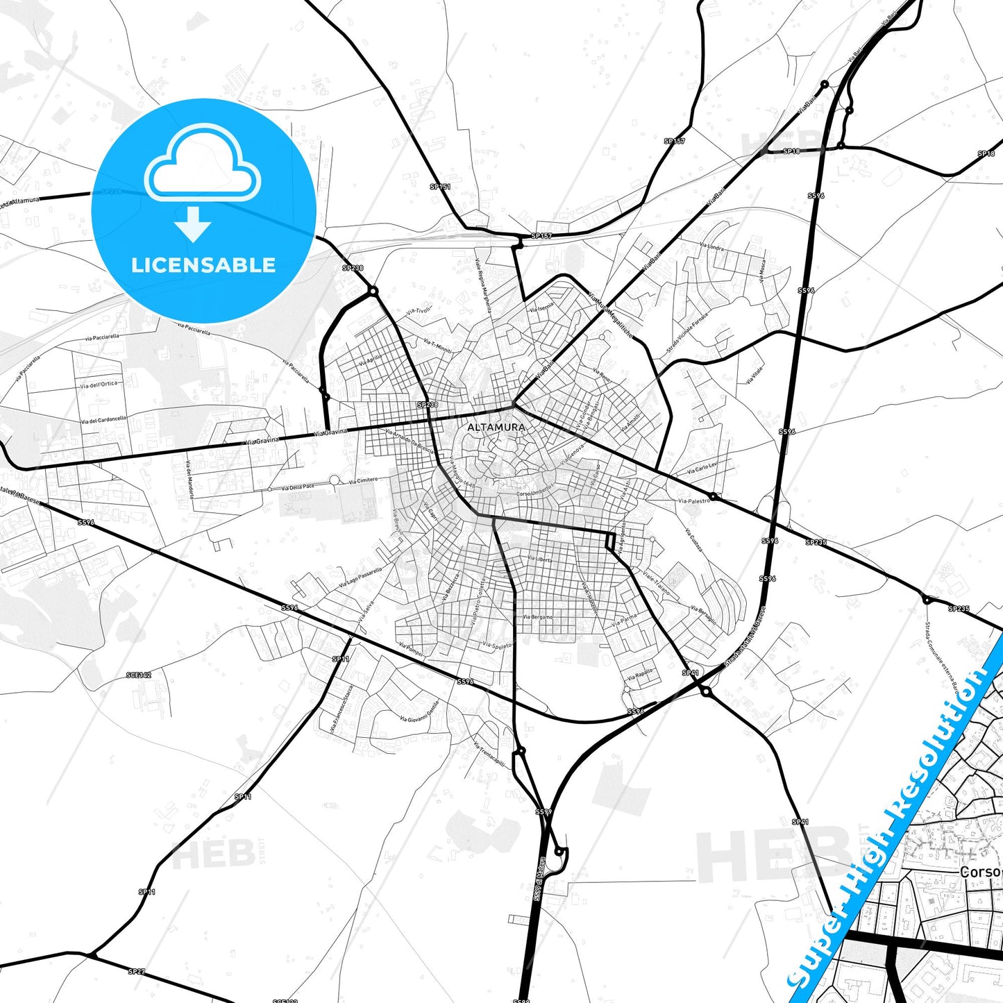 Altamura, Italy Light Map with Street Names, City Names, and Districts