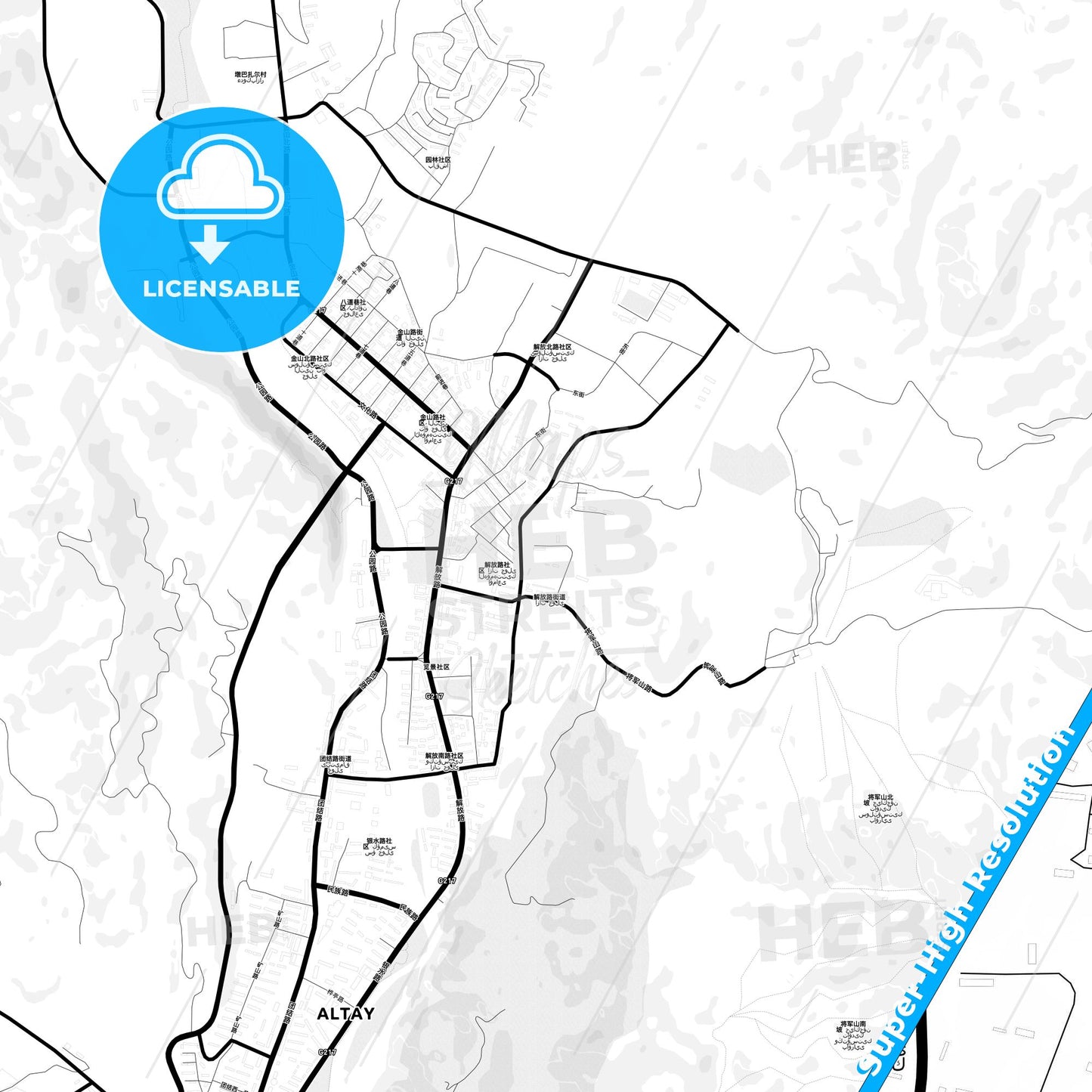 Altay, China Light Map with Street Names, City Names, and Districts