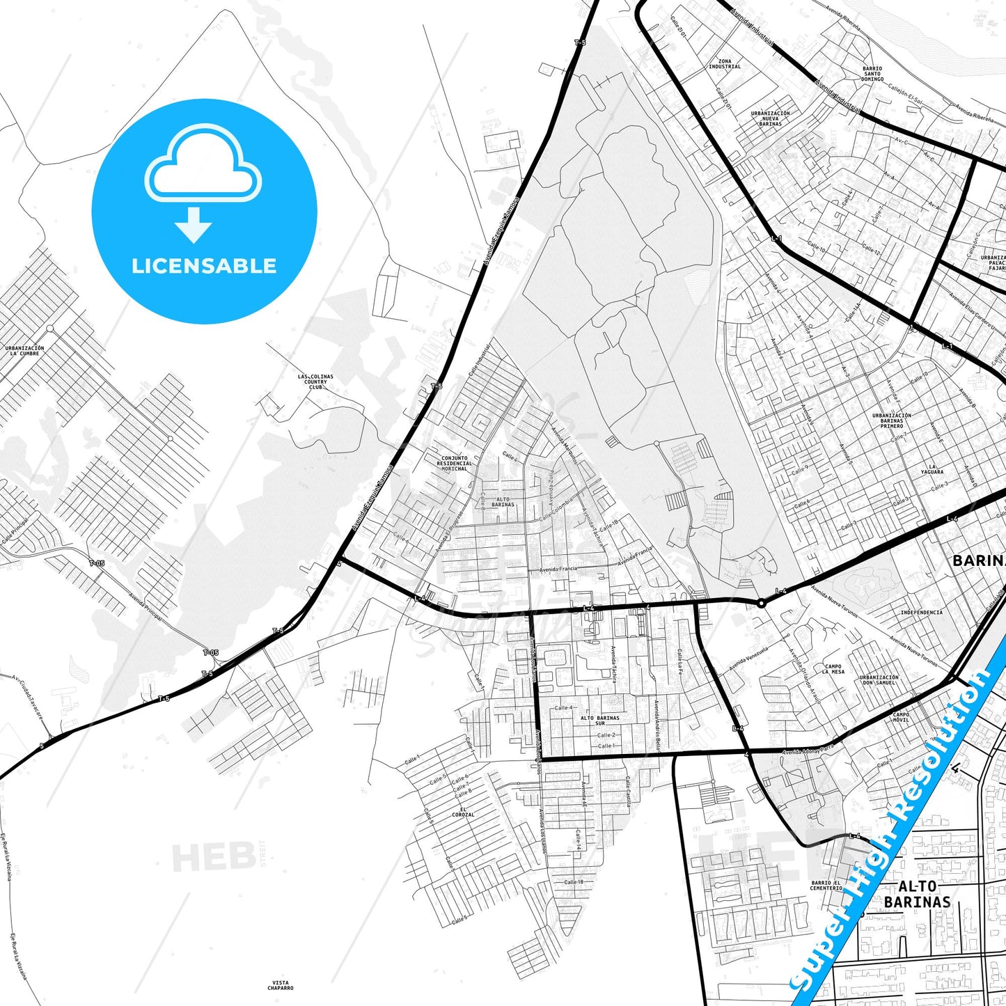 Alto Barinas, Venezuela Light Map with Street Names, City Names, and Districts