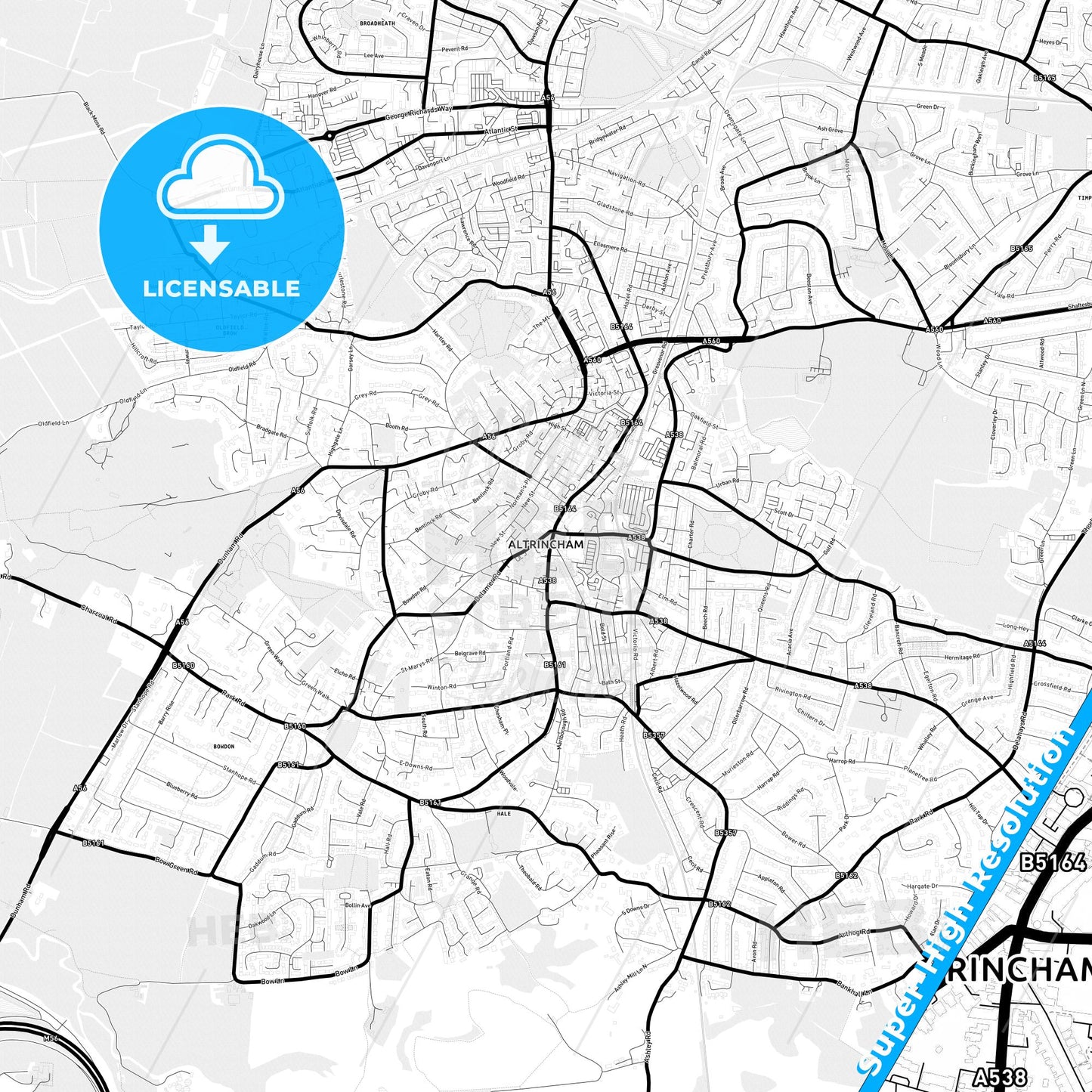 Altrincham, England Light Map with Street Names, City Names, and Districts