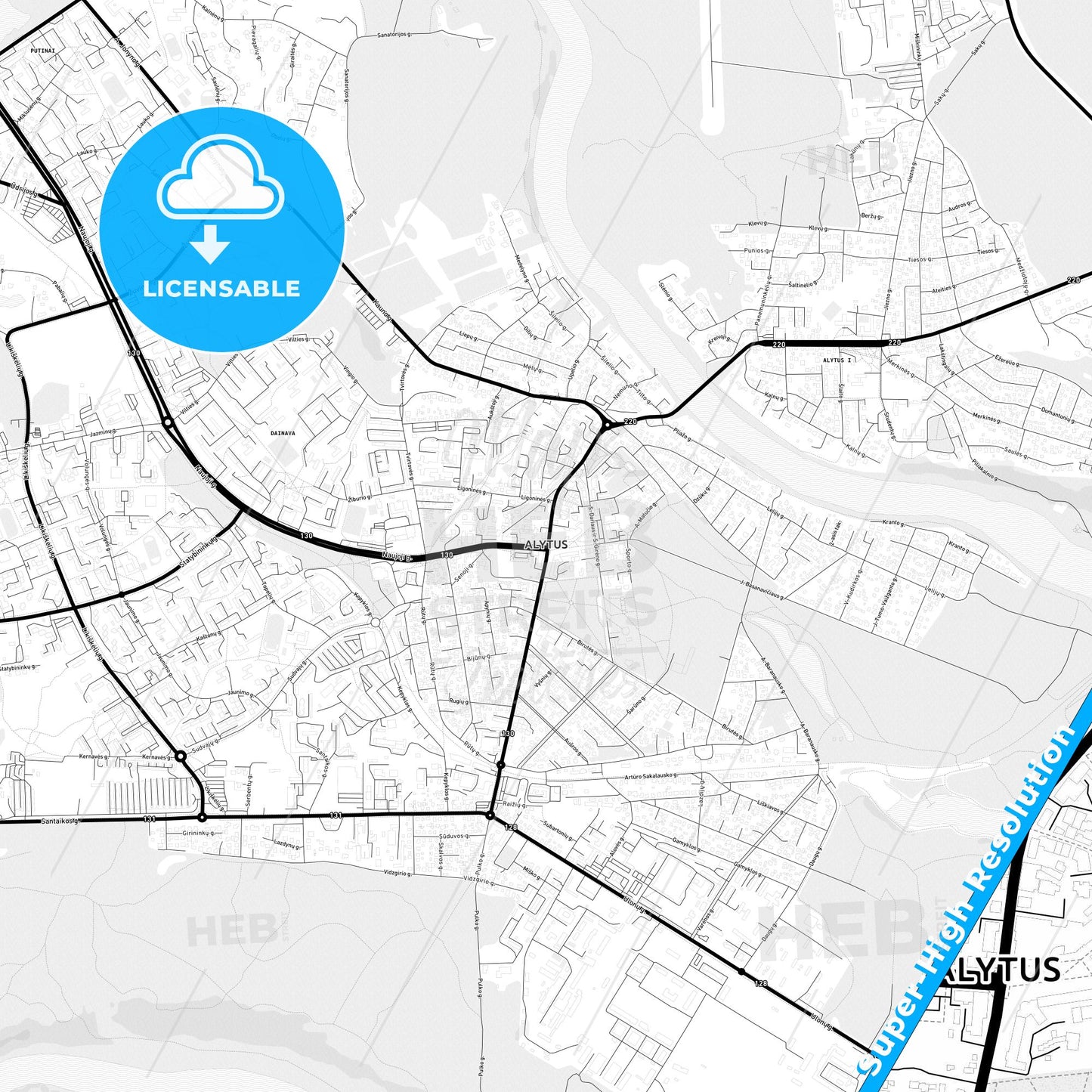 Alytus, Lithuania Light Map with Street Names, City Names, and Districts