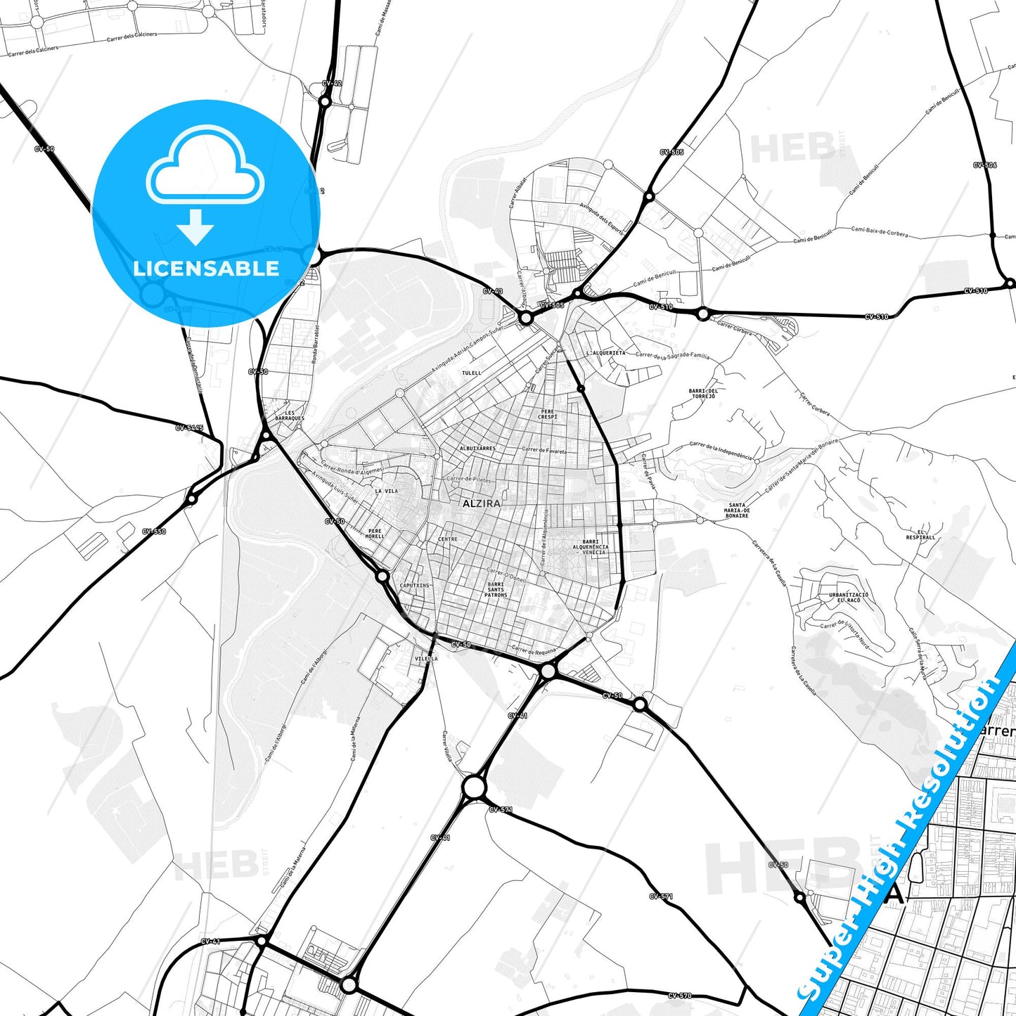 Alzira, Spain Light Map with Street Names, City Names, and Districts