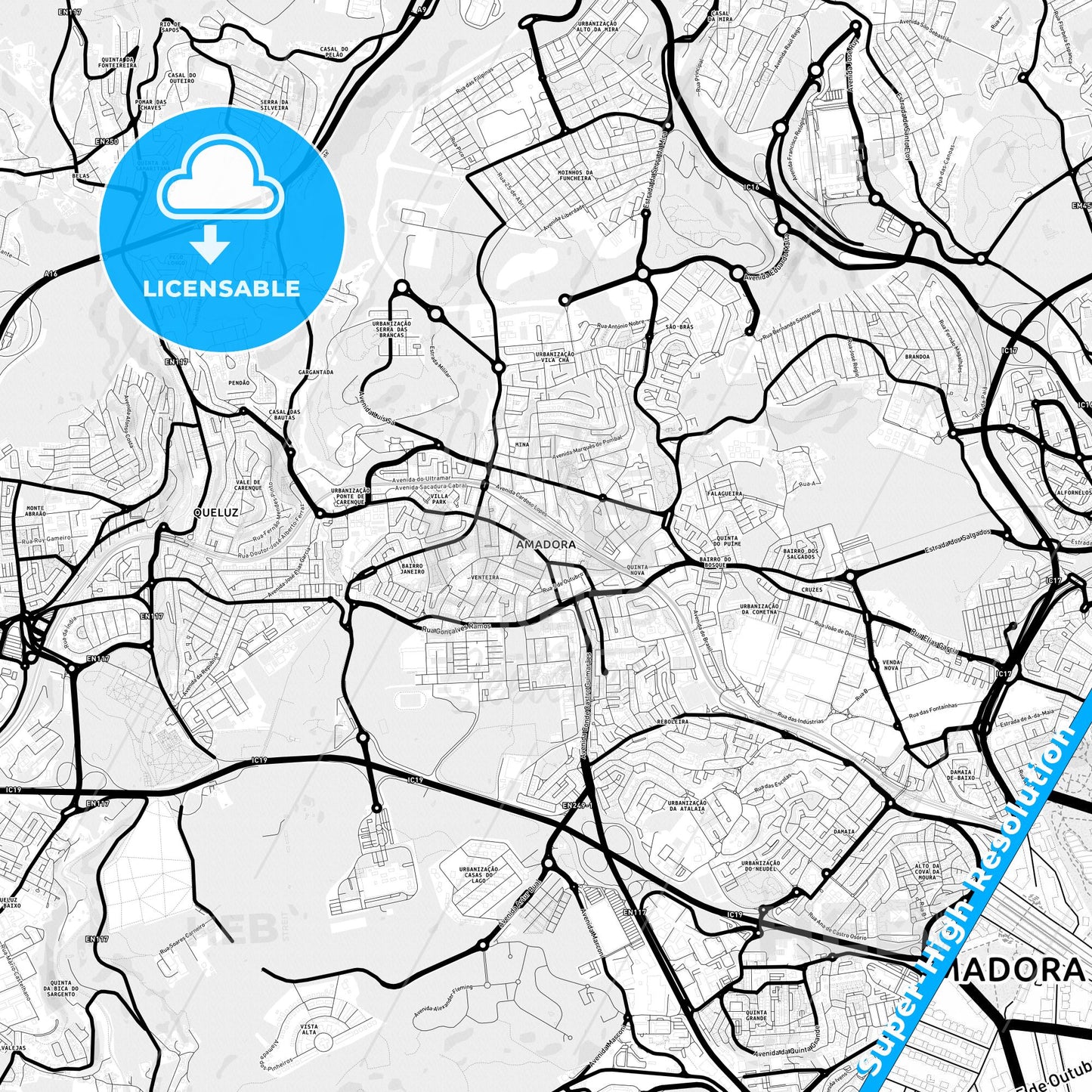 Amadora, Portugal Light Map with Street Names, City Names, and Districts