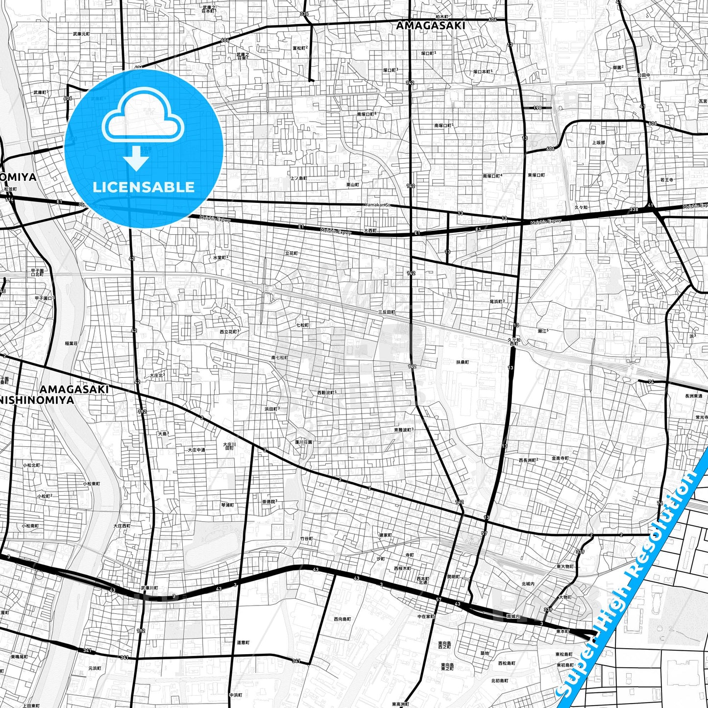 Amagasaki, Japan Light Map with Street Names, City Names, and Districts