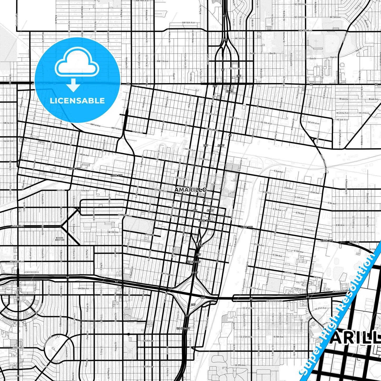 Amarillo, Texas Light Map with Street Names, City Names, and Districts