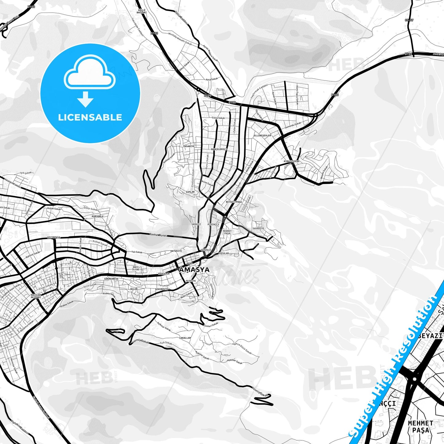 Amasya, Turkey Light Map with Street Names, City Names, and Districts