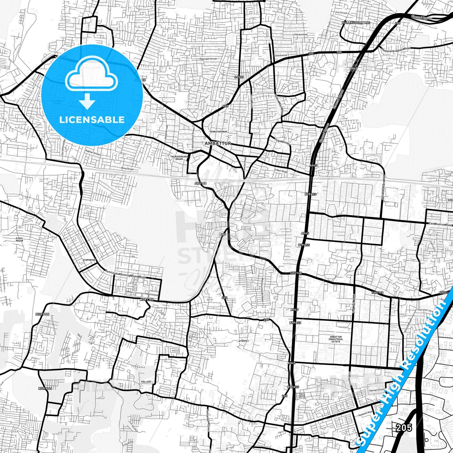 Ambattur, India Light Map with Street Names, City Names, and Districts