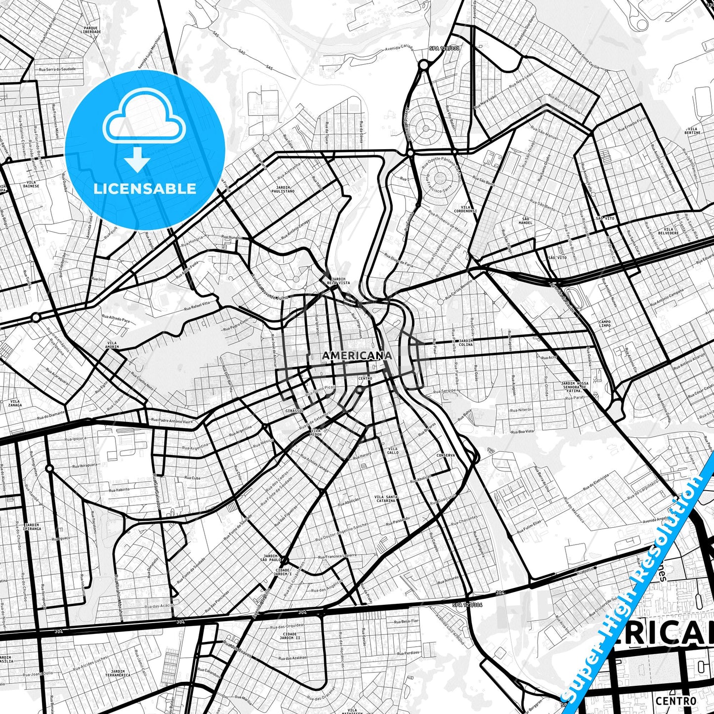 Americana, Brazil Light Map with Street Names, City Names, and Districts