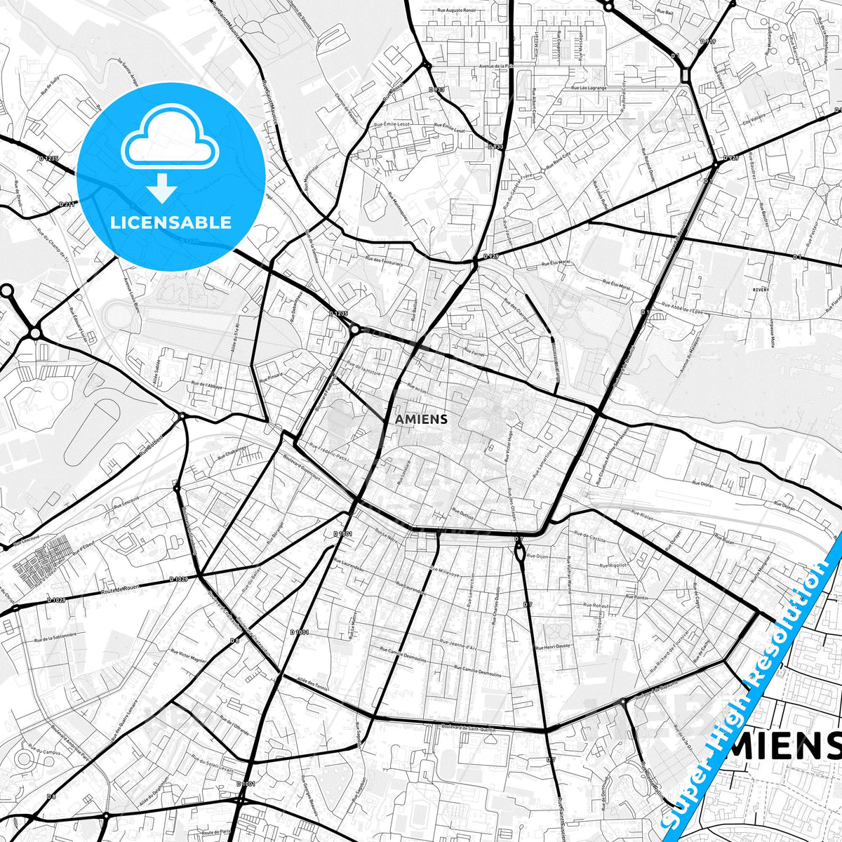 Amiens, France Light Map with Street Names, City Names, and Districts