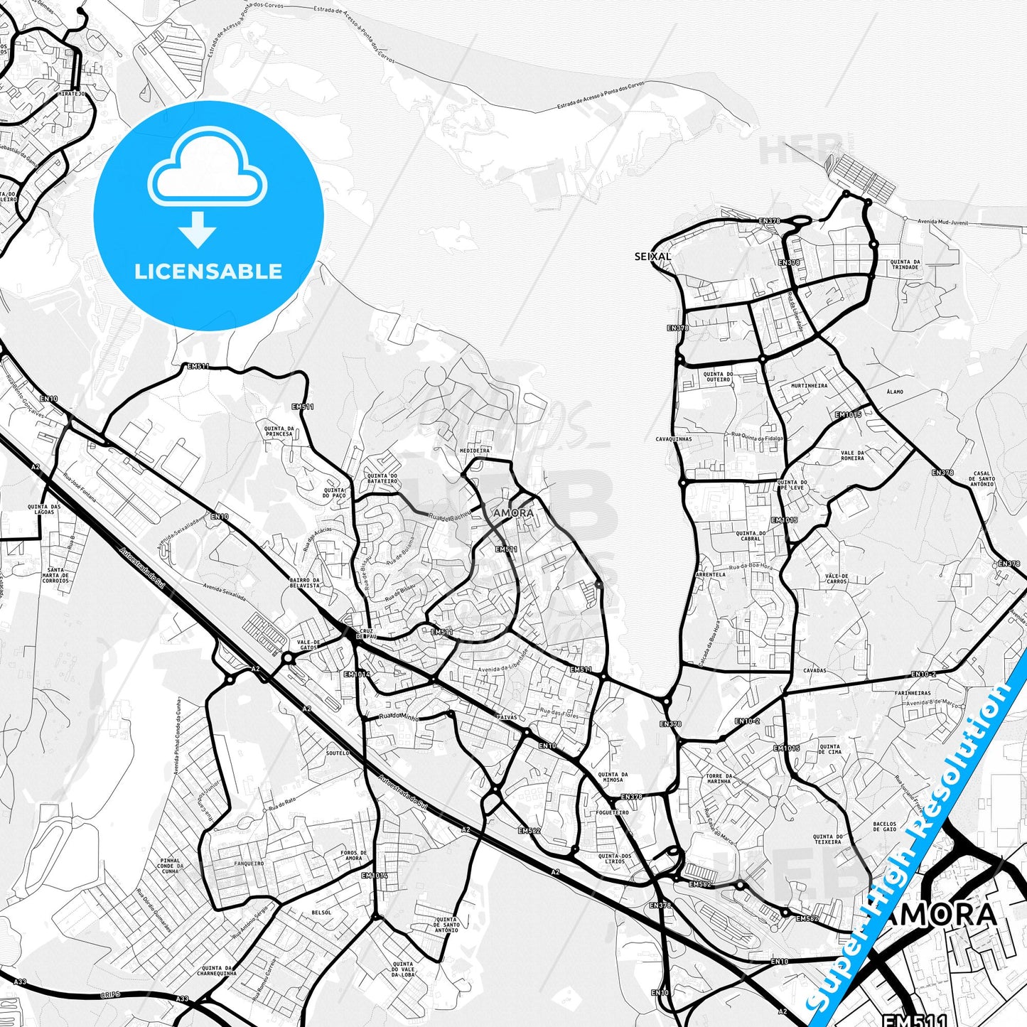 Amora, Portugal Light Map with Street Names, City Names, and Districts