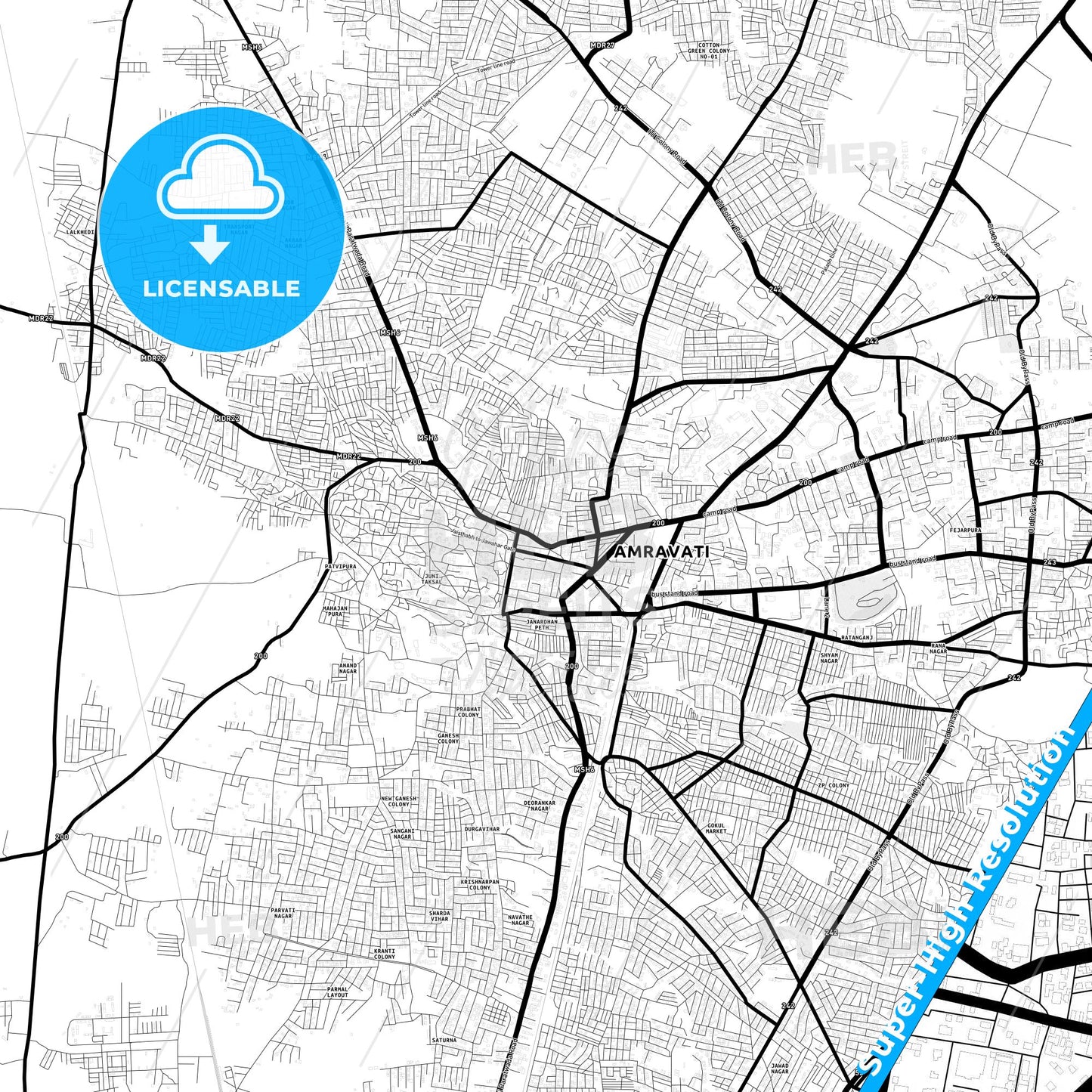 Amravati, India Light Map with Street Names, City Names, and Districts