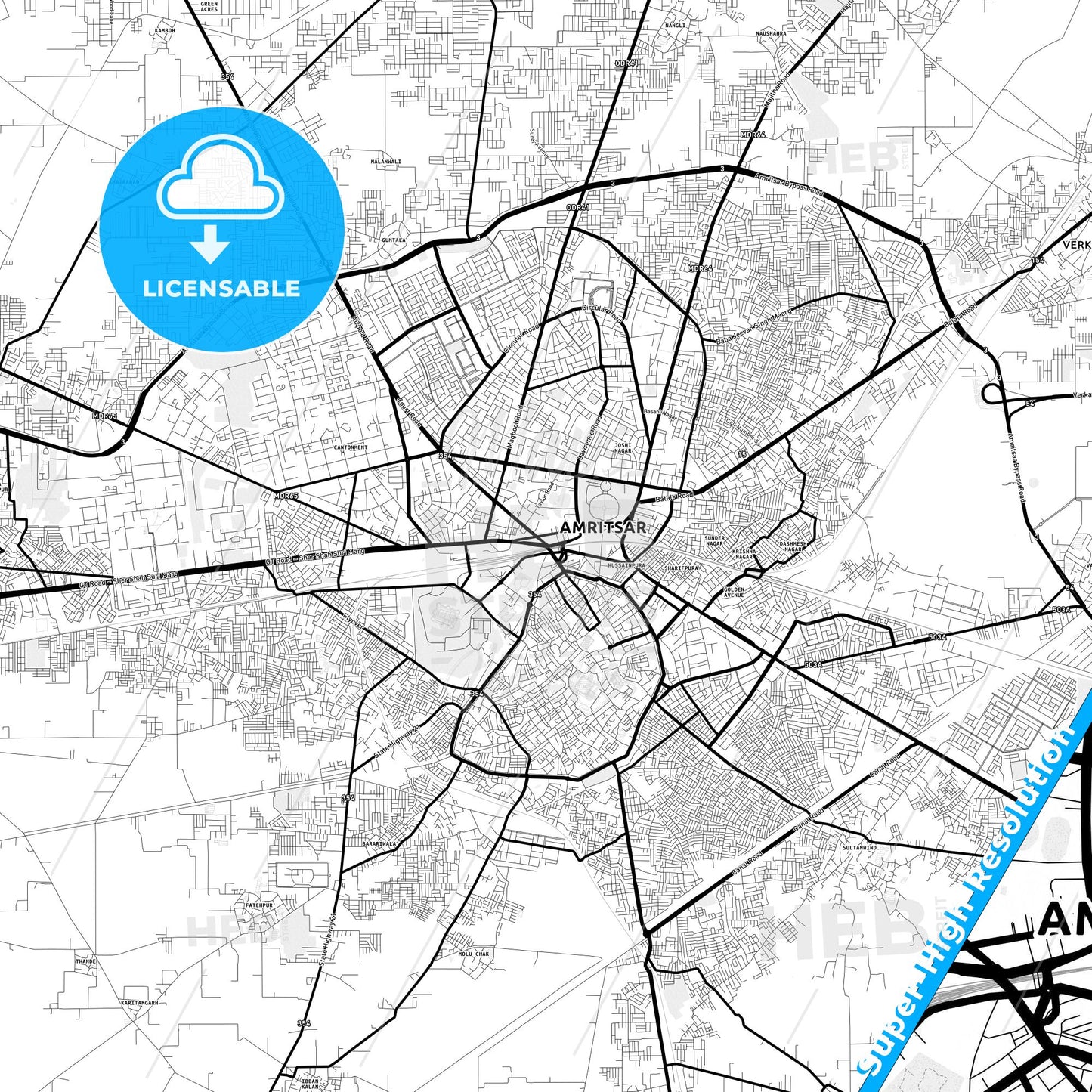 Amritsar, India Light Map with Street Names, City Names, and Districts