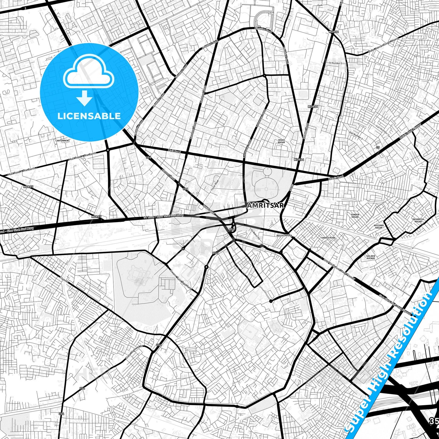 Amritsar, India Light Map with Street Names, City Names, and Districts