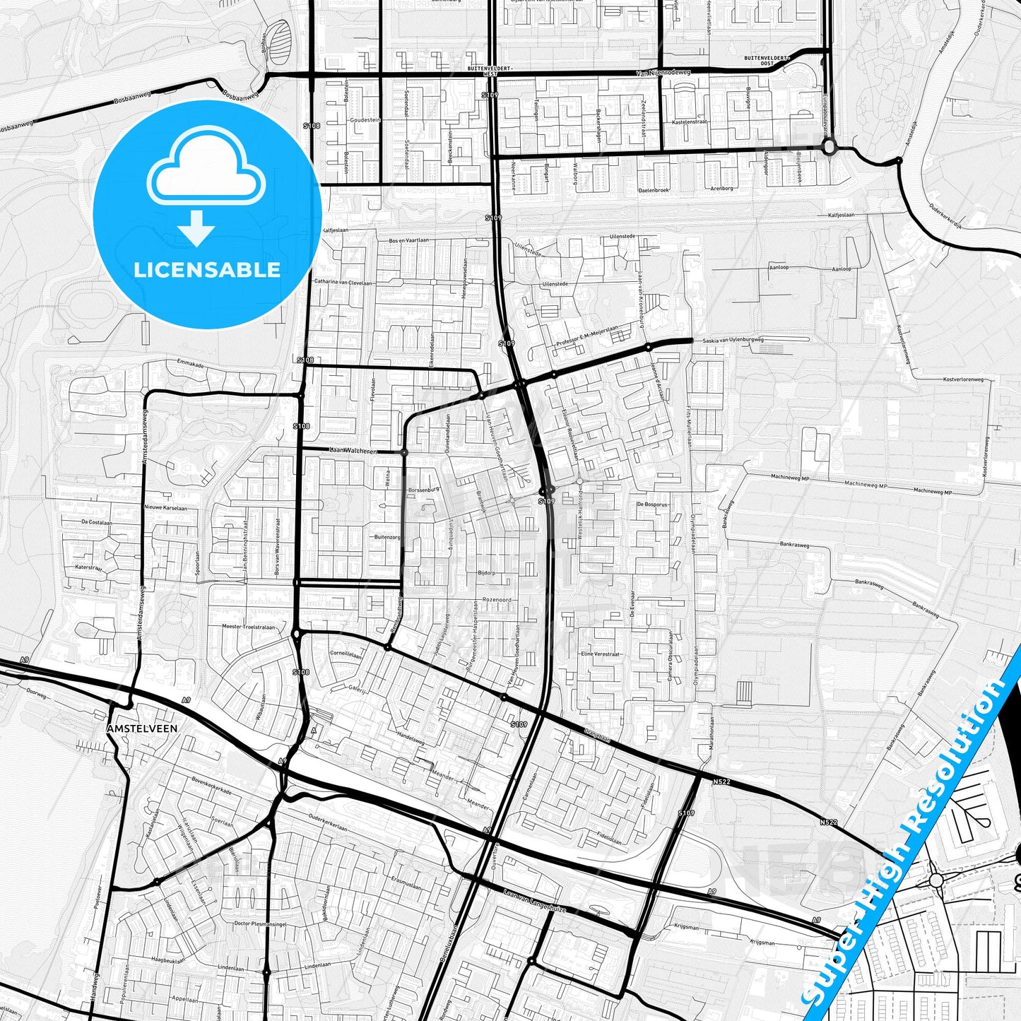 Amstelveen, Netherlands Light Map with Street Names, City Names, and Districts