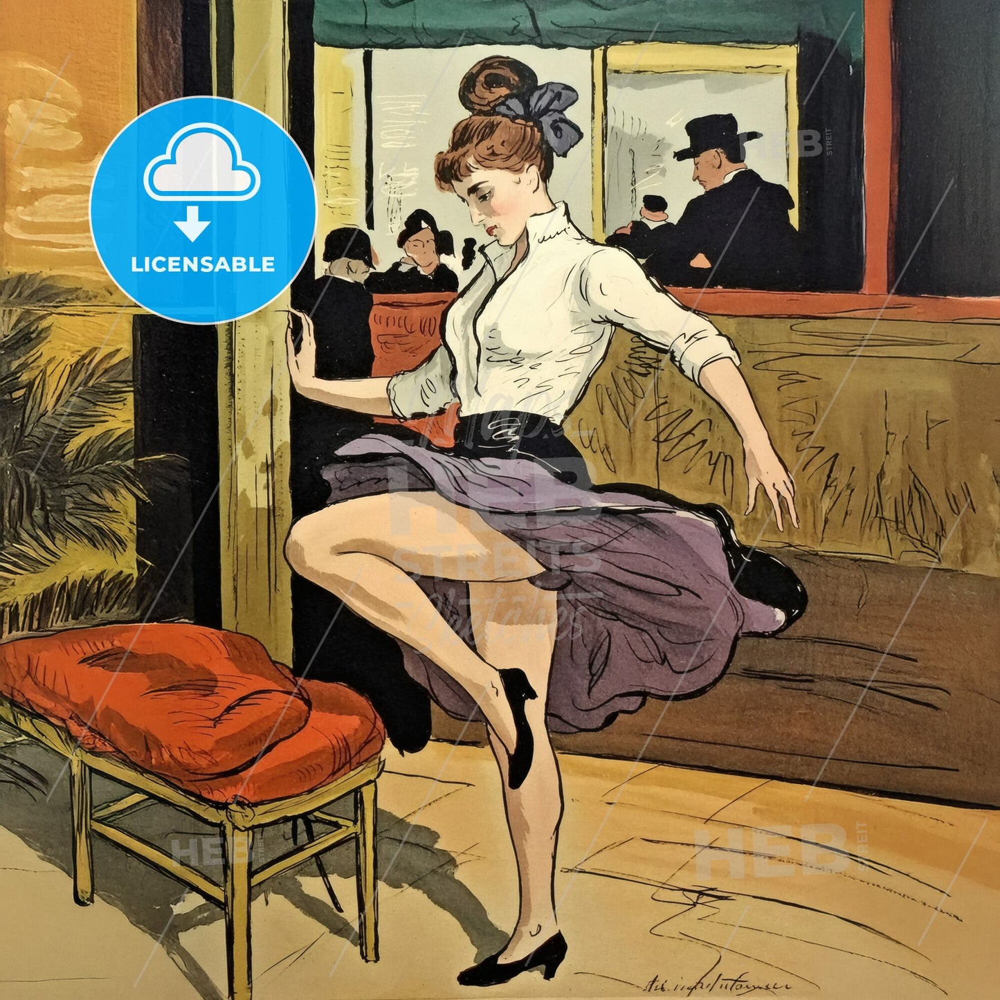 Woman dancing in a lively interior Print Template.