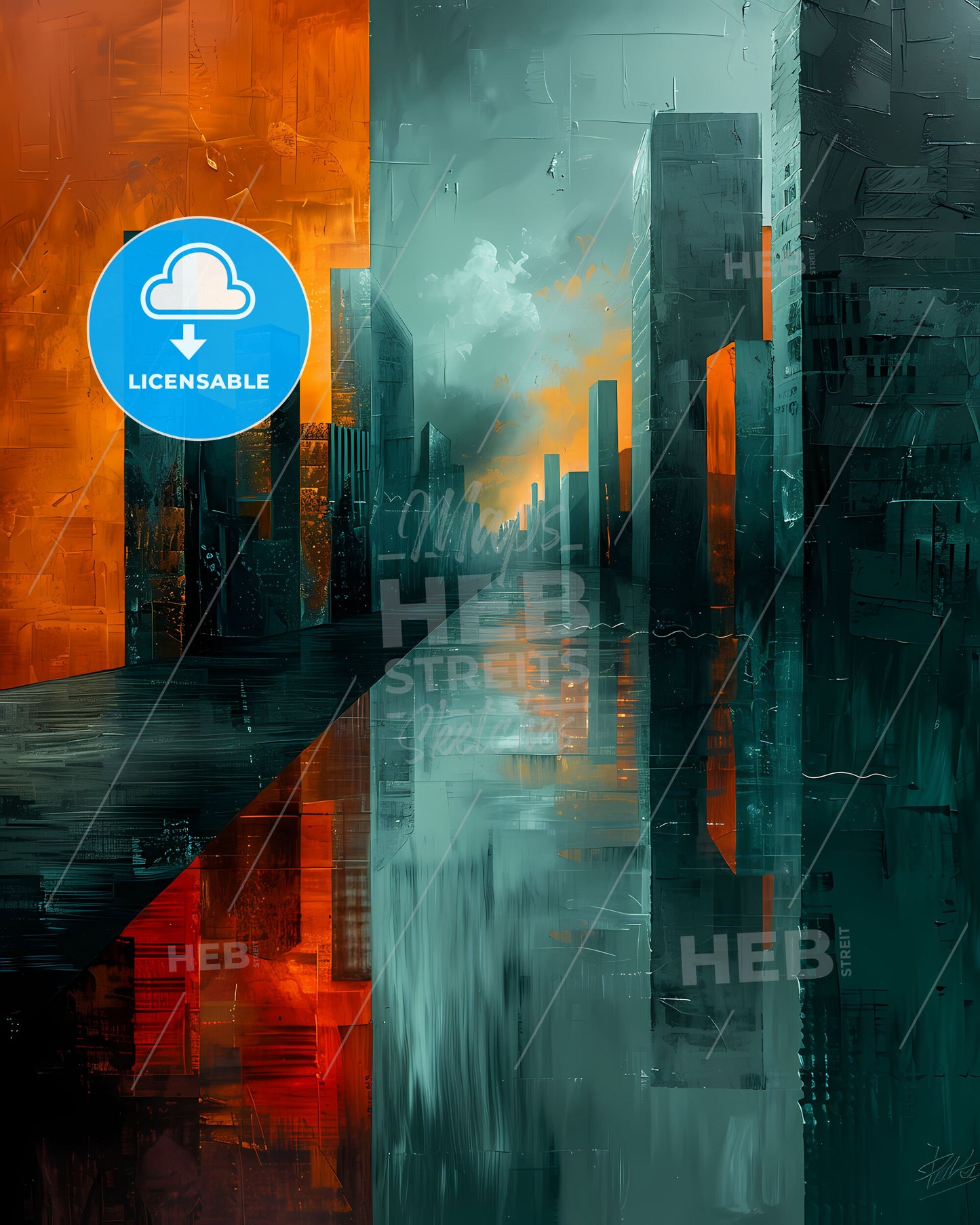 Abstract Cityscape Painting: Vibrant Cubist-Inspired Skyline with Orange and Grey Sky