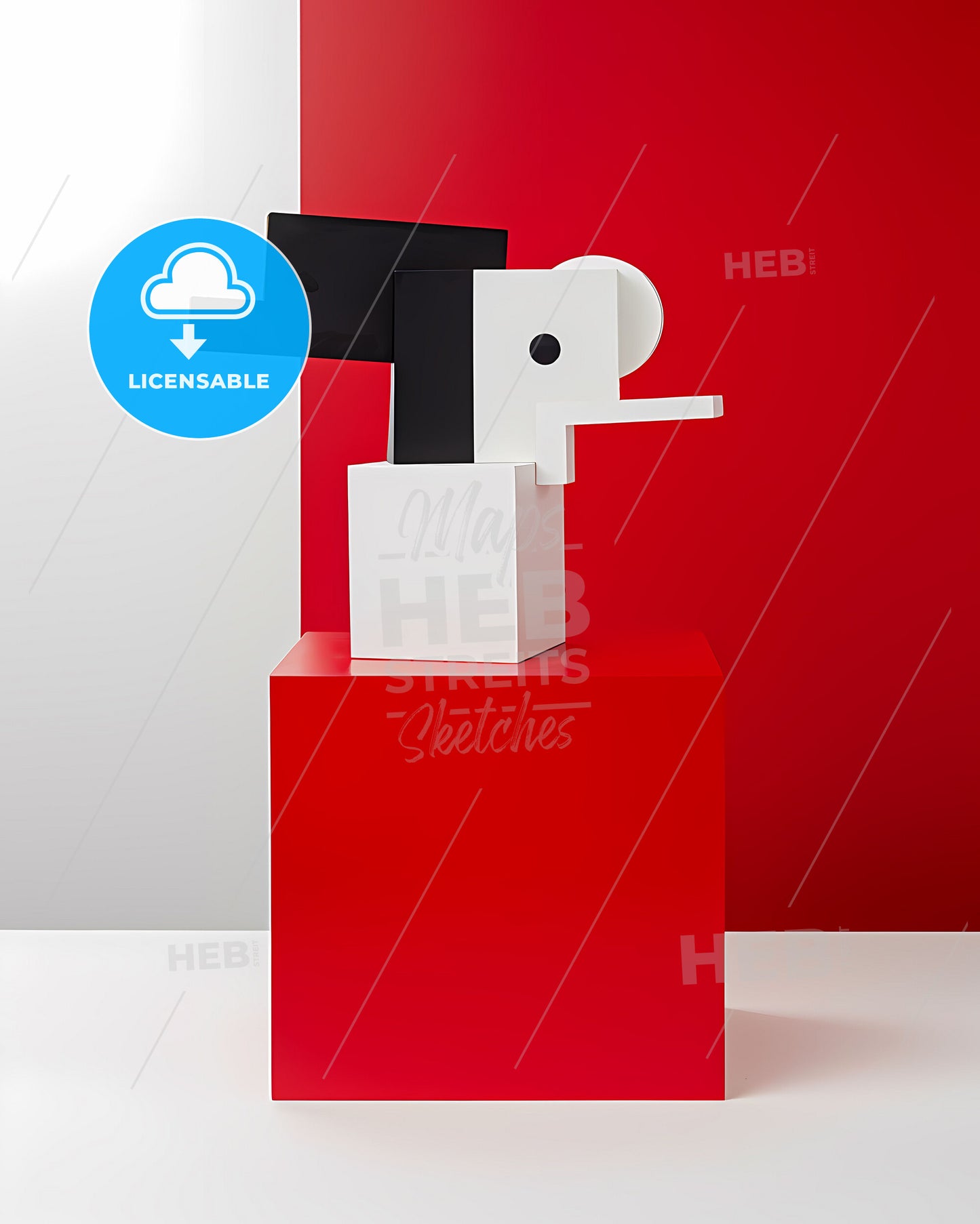 De Stijl Inspired Abstract Painting: Geometric Composition of Rectangles and Squares in Red and White