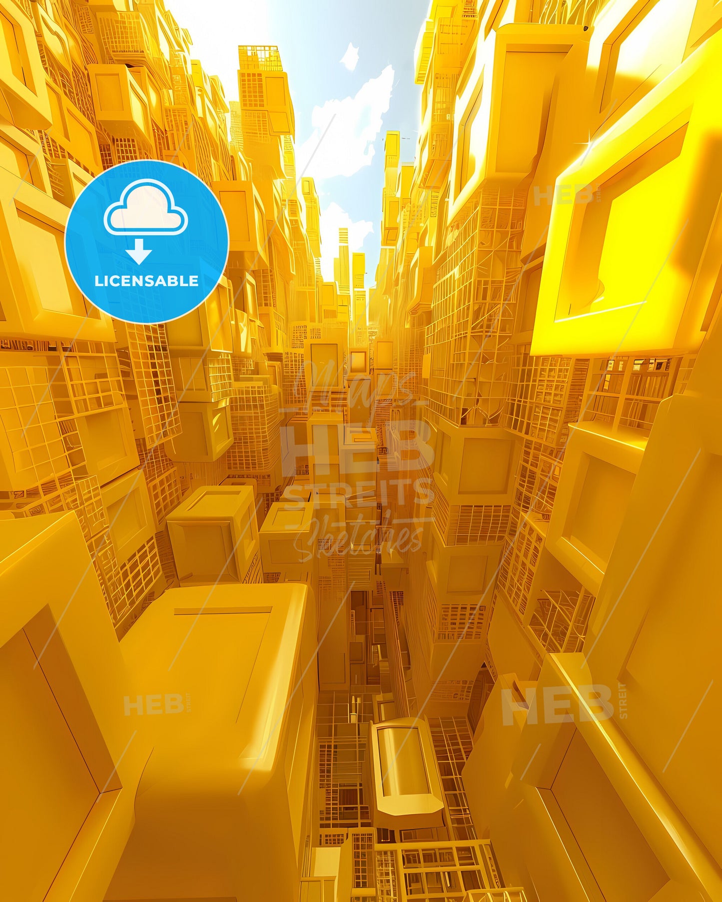 Abstract De Stijl Painting with Geometric Yellow Shapes in Urban Setting