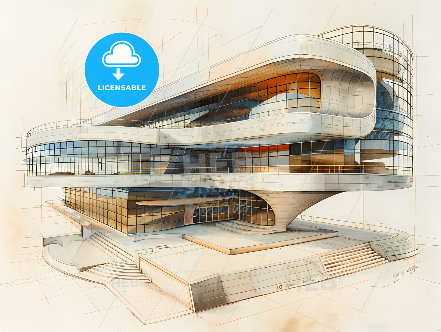 Drawing of a modern commercial building, vibrant artwork for a unique t-shirt design