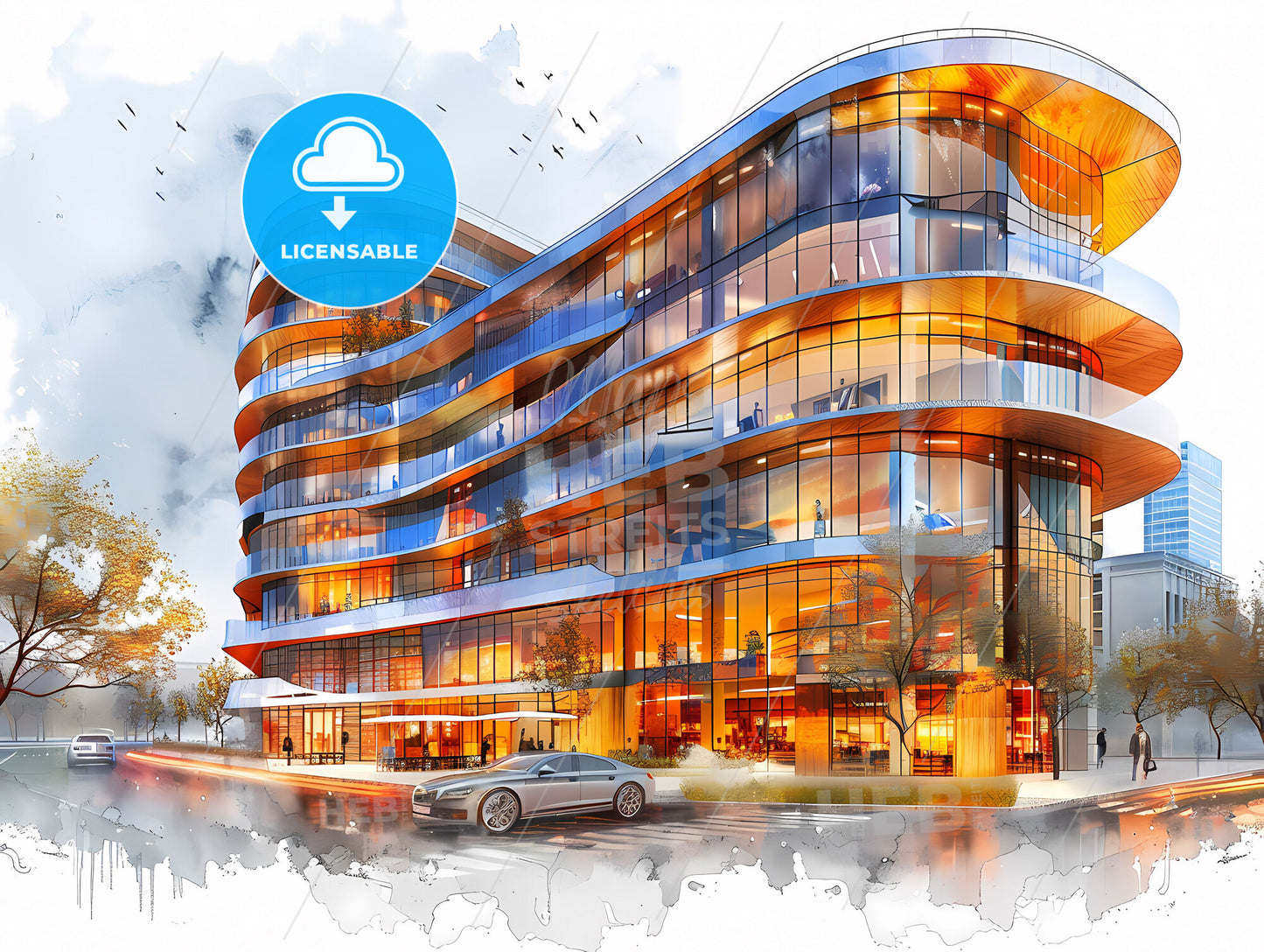 Vibrant Commercial Building Architectural Painting with Parked Cars, Ideal for T-Shirt and Art Enthusiasts