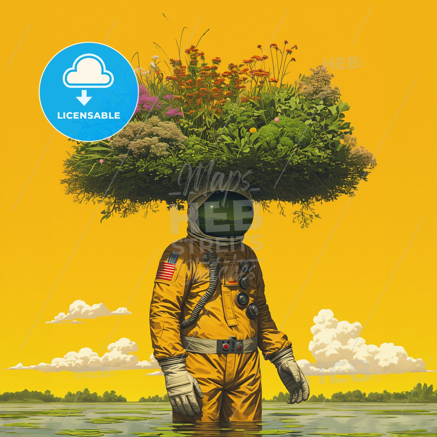 An Astronaut In The Style Of Surreal Comic Scene - A Person In An Astronaut Suit With Flowers On Their Head