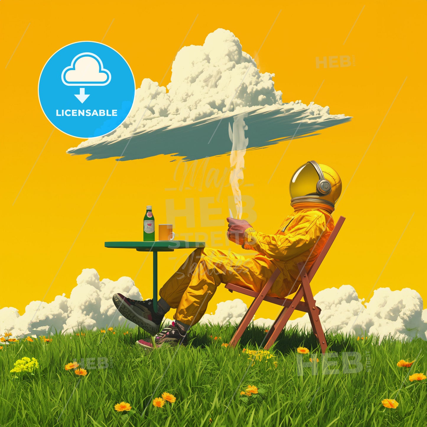 An Astronaut In The Style Of Surreal Comic Scene - A Person In A Yellow Suit Sitting In A Chair Outside