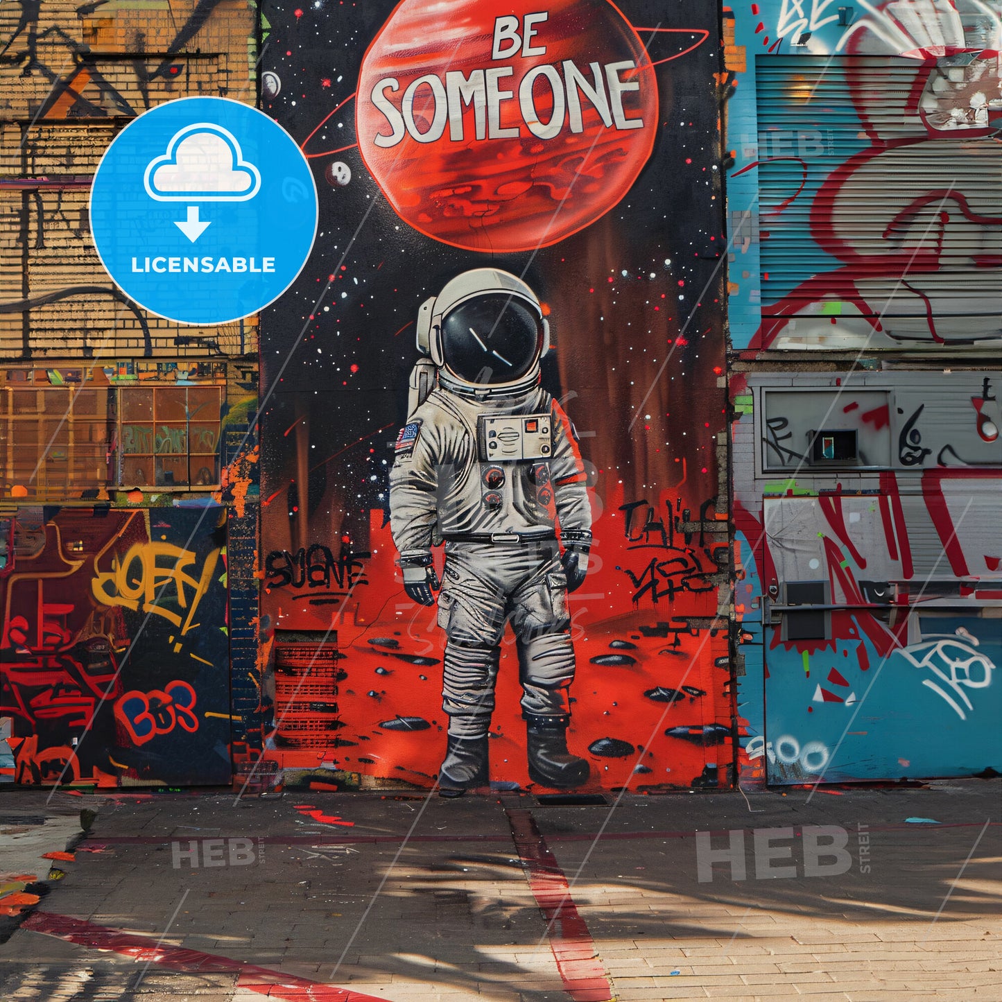 an astronaut looking up at the wall - A mural of an astronaut on a wall