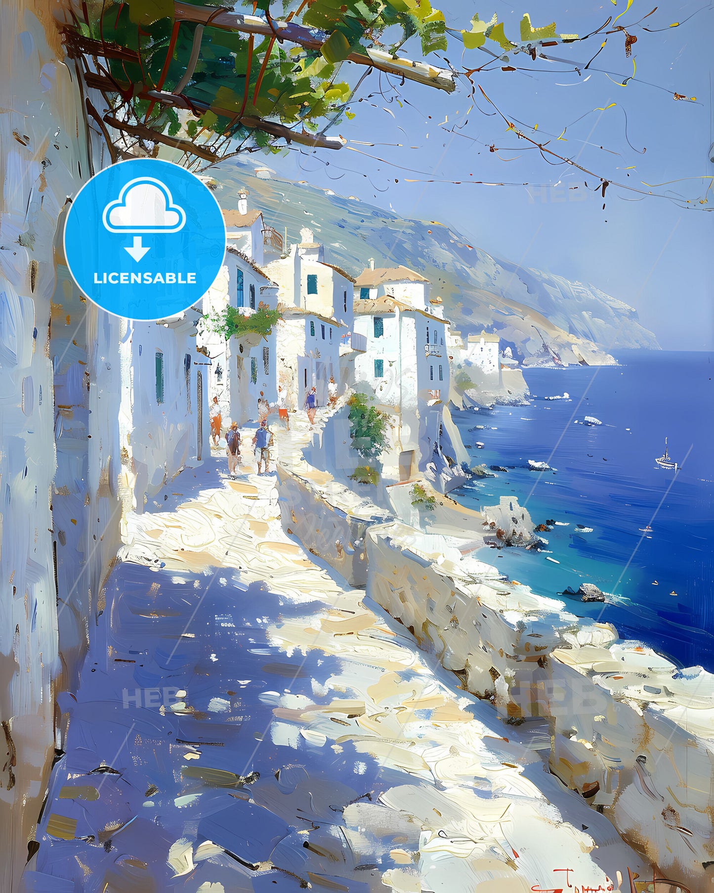 Impressionist Trattoria Scene: Vibrant Dining Amidst Stone Paths, Water, and Warm Sunlight