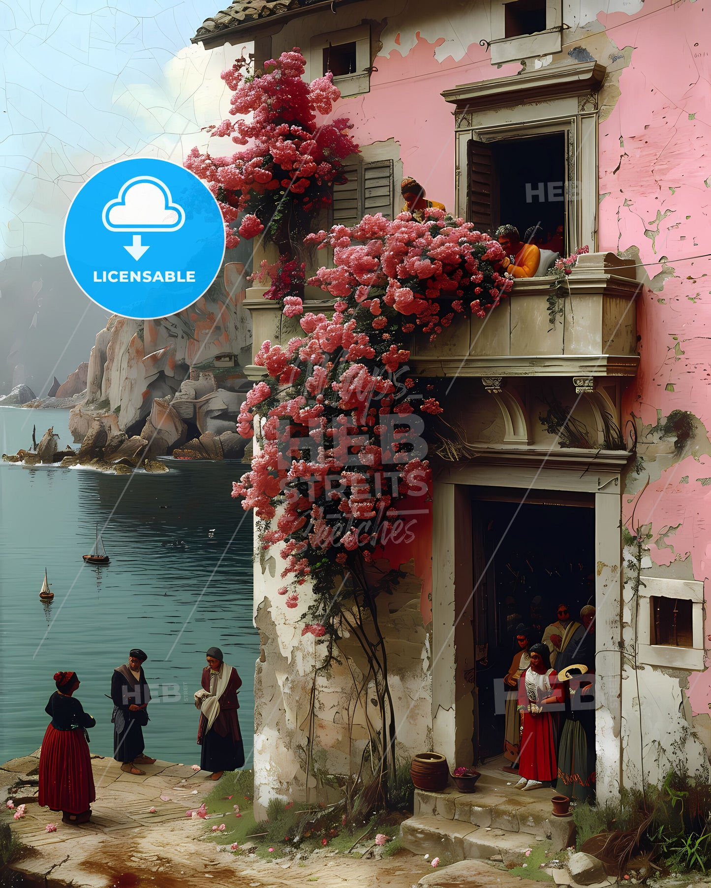 Impressionist Trattoria Scene: Art Painting of Lively Midday Dining Atmosphere Featuring Steaming Pasta and Balcony Flowers