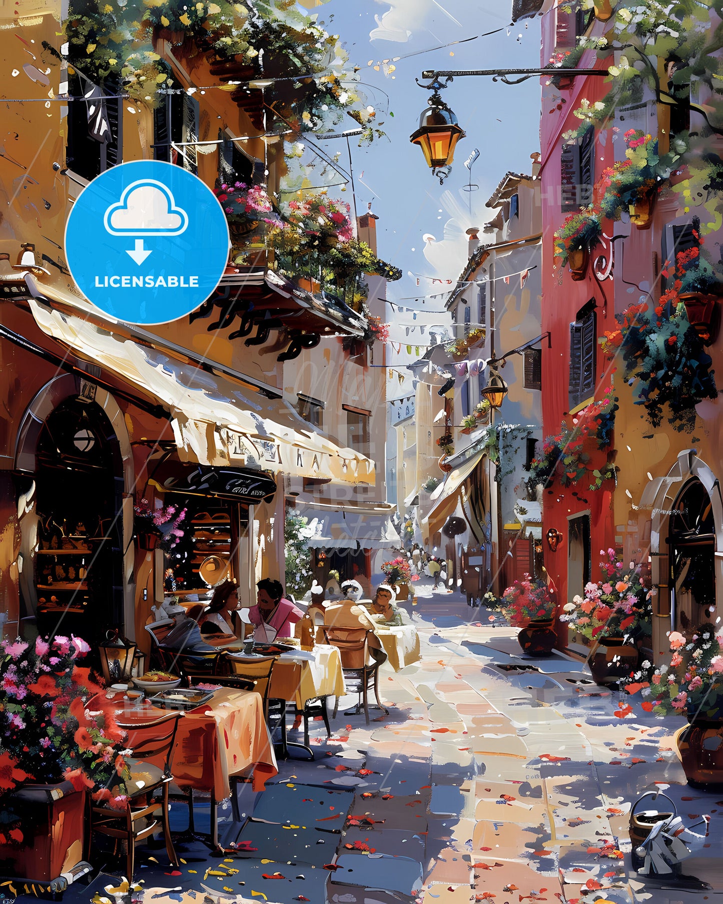 Art Impressionism Italian Trattoria Scene Lively Dining Midday 1798 Warm Sunlight Cozy Ambiance