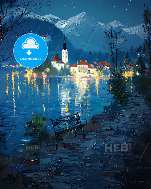 Impasto oil painting on canvas of Bled Lake and castle at night in spring with a bench by the lake