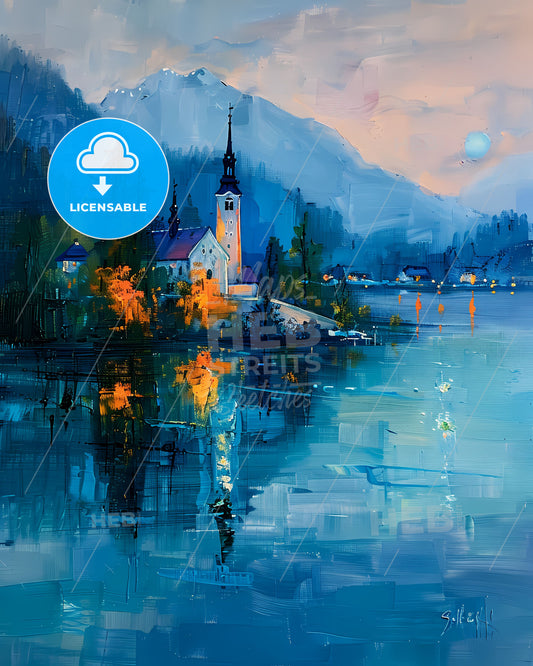 Vibrant Impasto Oil Painting of Bled Lake and Castle - Night Scene in Spring - Church on a Lake