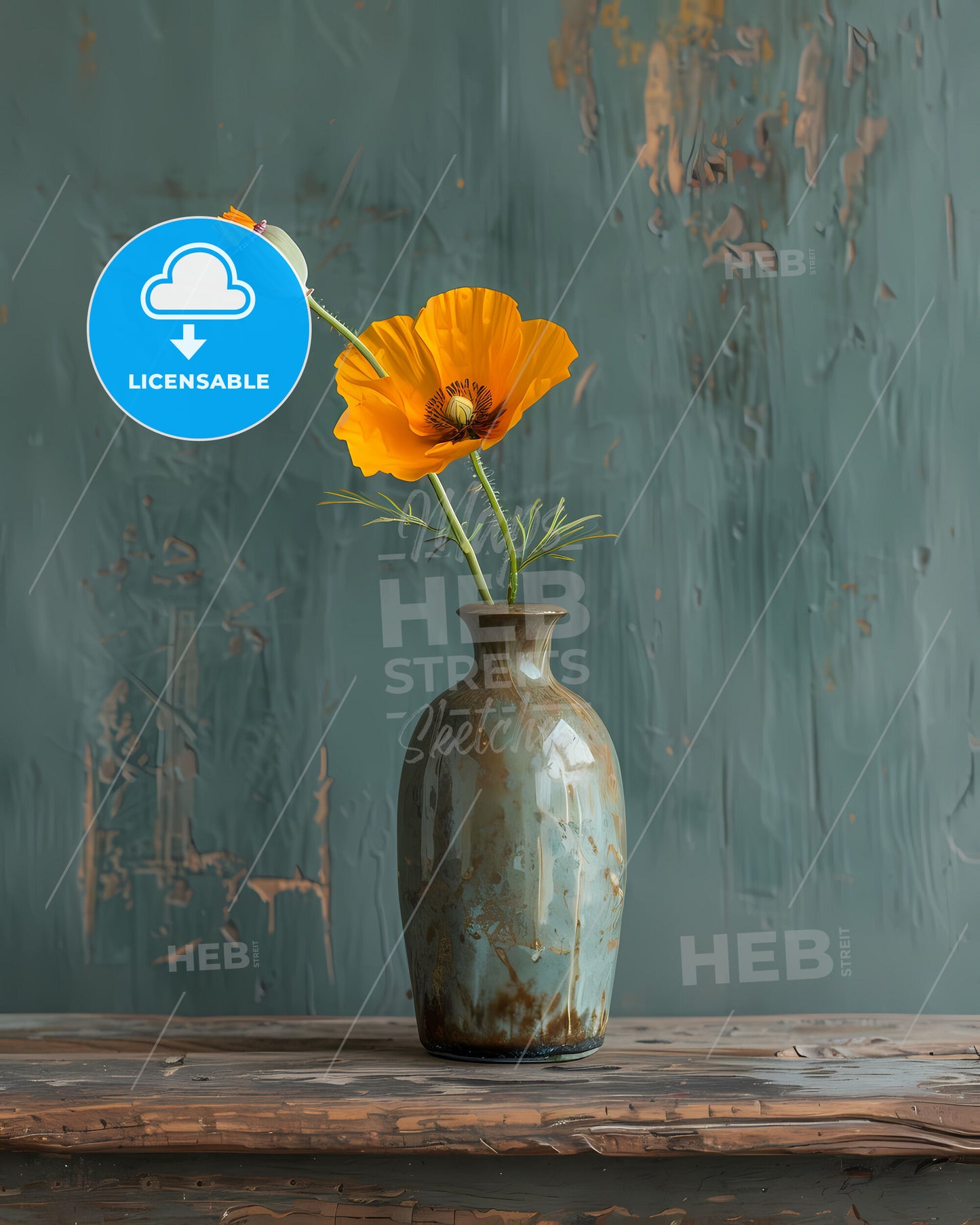 Vibrant, Abstract, Flower, Painting, Yellow, Poppy, Vase, Table, Art