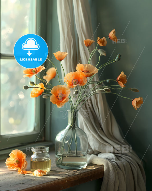 Vivid Oil Painting of Orange Poppies in a Vase on a Wooden Table
