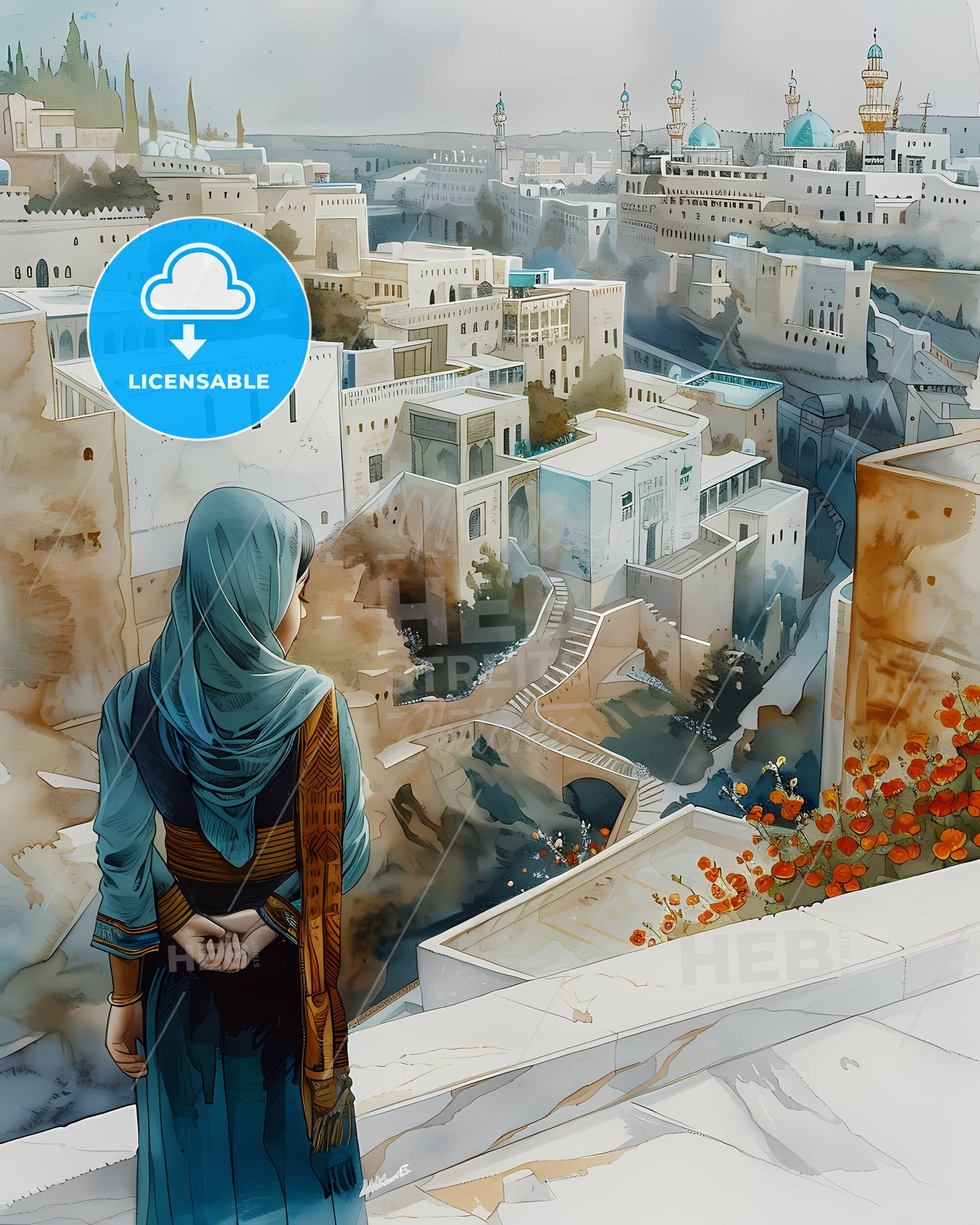 Modern Cityscape Painting: Urban Architecture, Marble Structures, Floral Garden, Figurative Woman, Terraced Landscapes